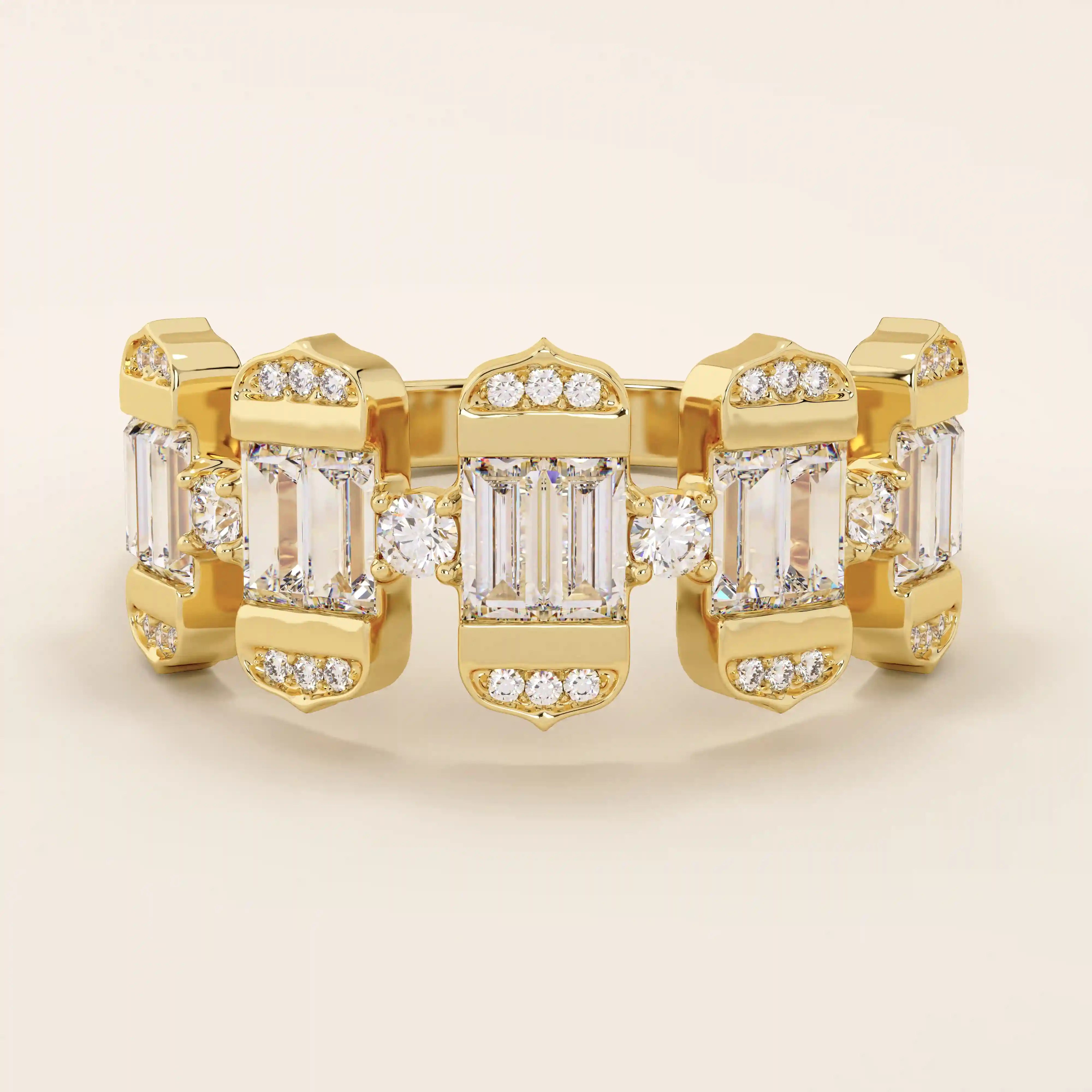 14k solid gold bold statement ring featuring unique baguette-cut spike design. A one-of-a-kind piece for standout style.