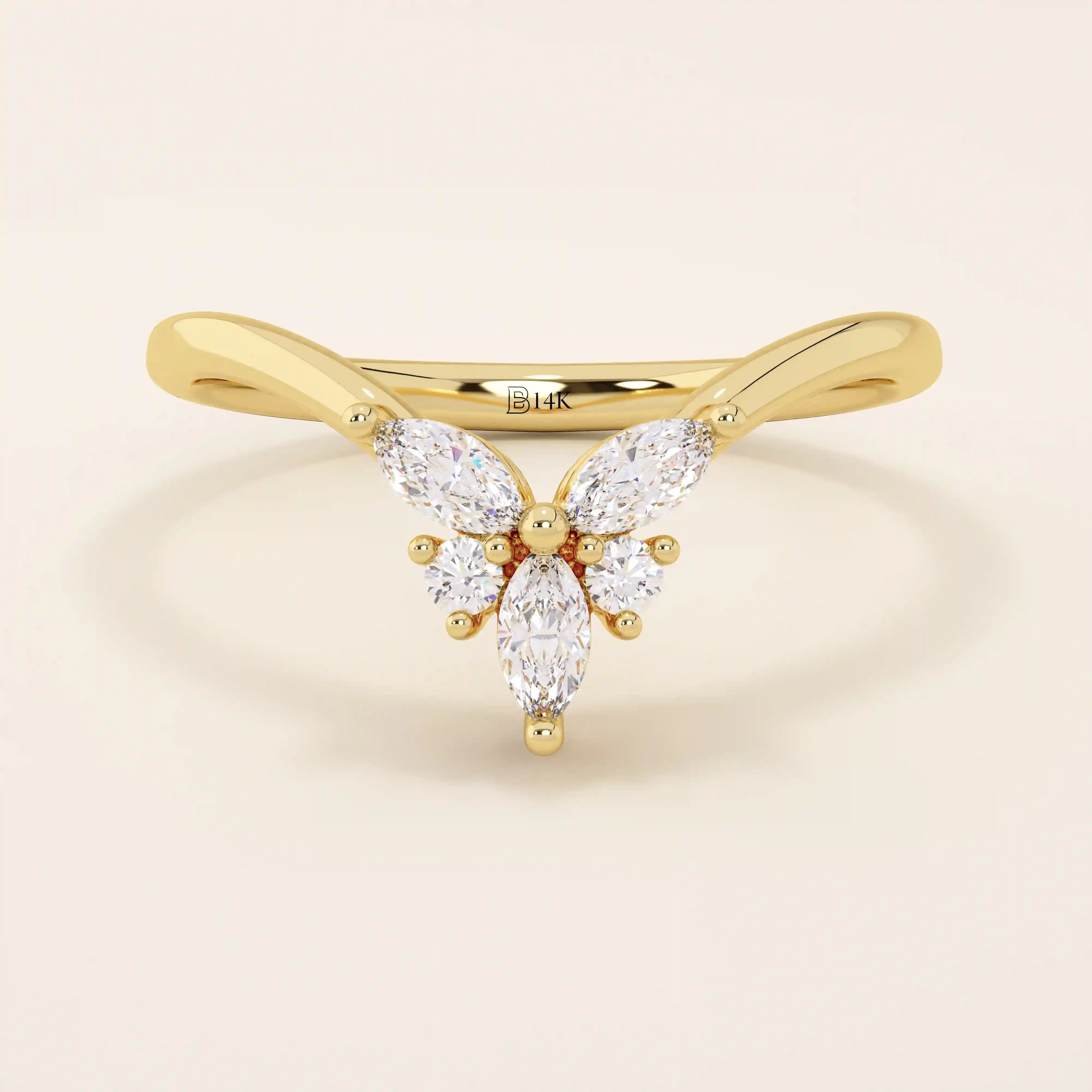 14k solid gold chevron-shaped curve nesting ring adorned with marquise-cut moissanite stones. Modern and minimalist stacking design.