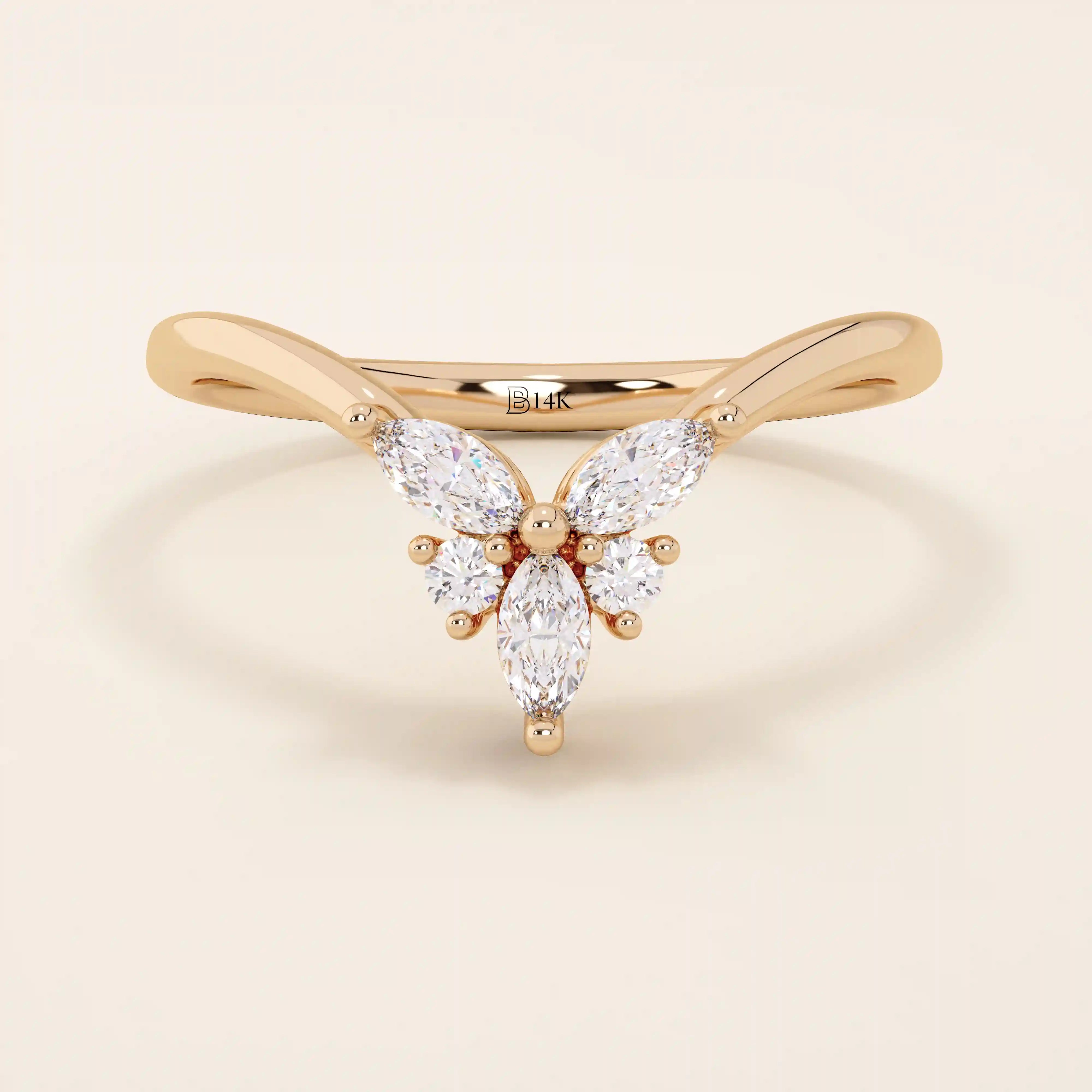 14k solid gold chevron-shaped curve nesting ring adorned with marquise-cut moissanite stones. Modern and minimalist stacking design.