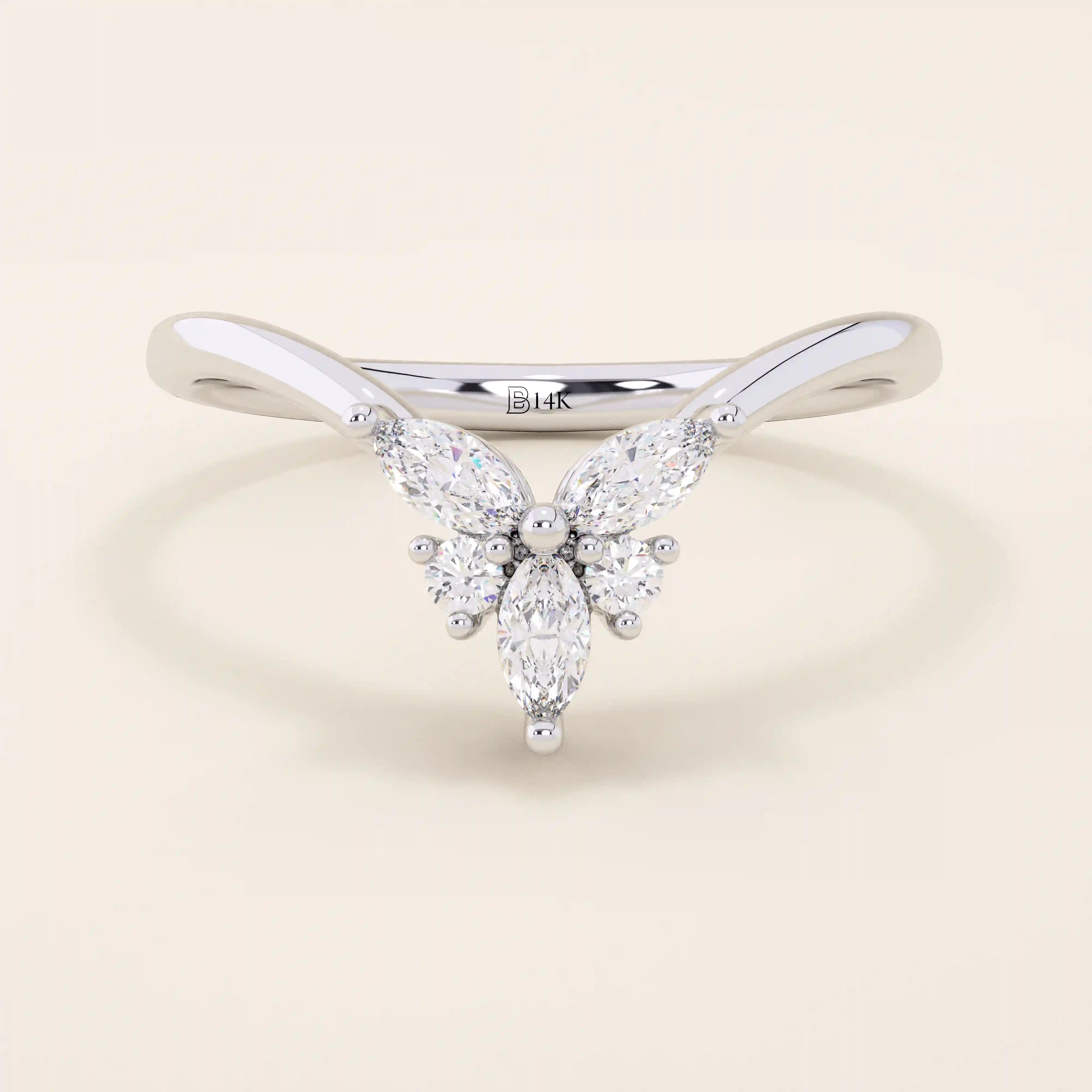 14k solid gold chevron-shaped curve nesting ring adorned with marquise-cut moissanite stones. Modern and minimalist stacking design.