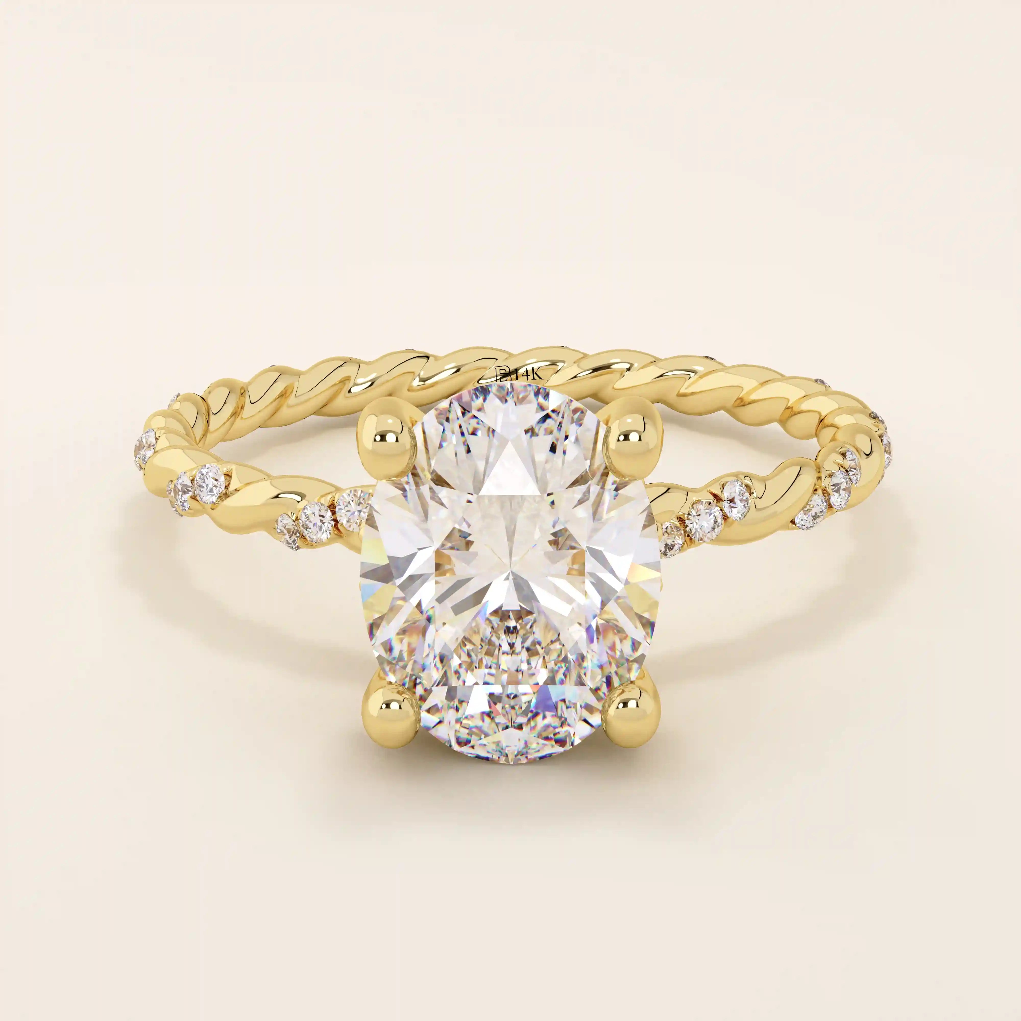 14k solid gold chunky solitaire engagement ring with an oval moissanite center stone. Modern and timeless design.