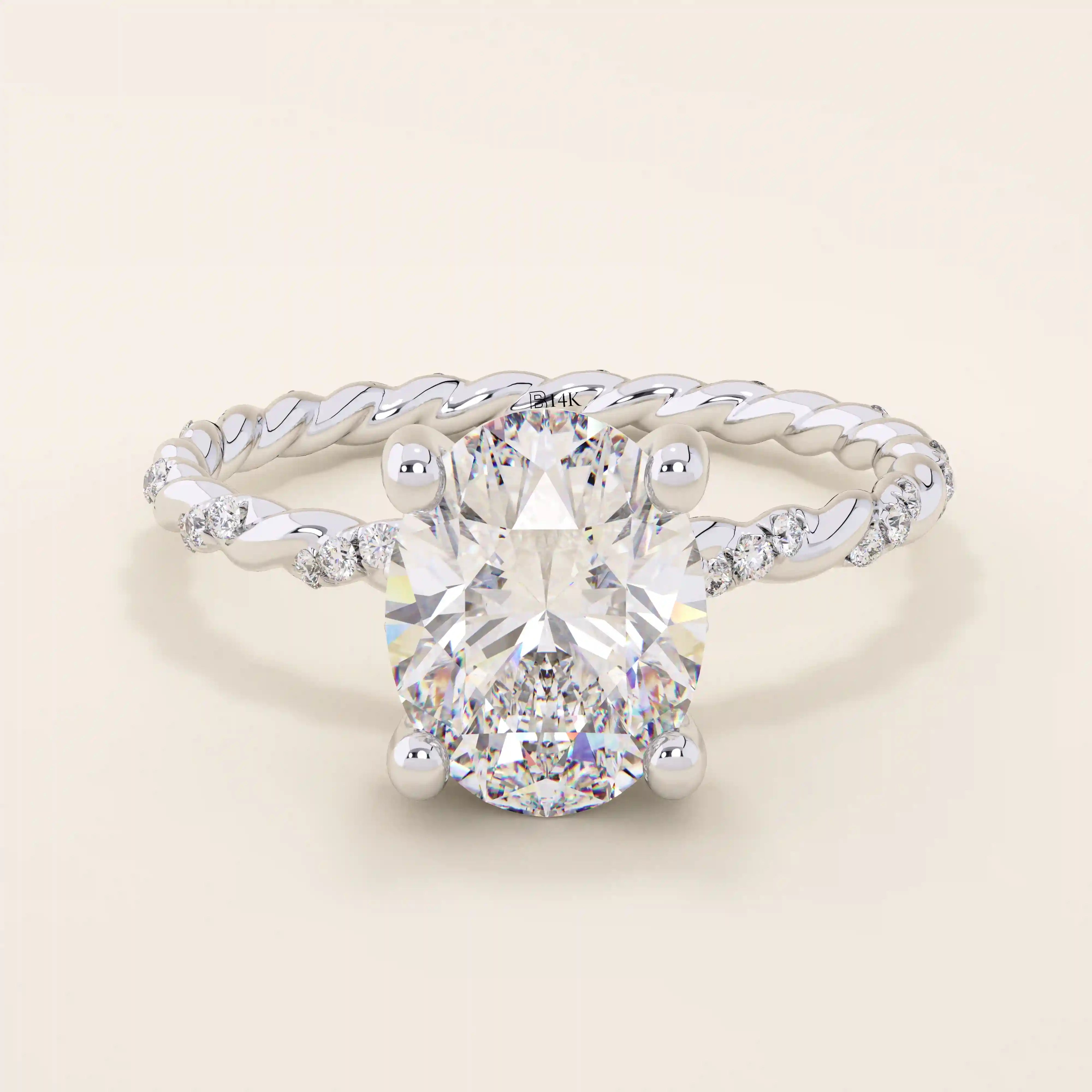 14k solid gold chunky solitaire engagement ring with an oval moissanite center stone. Modern and timeless design.