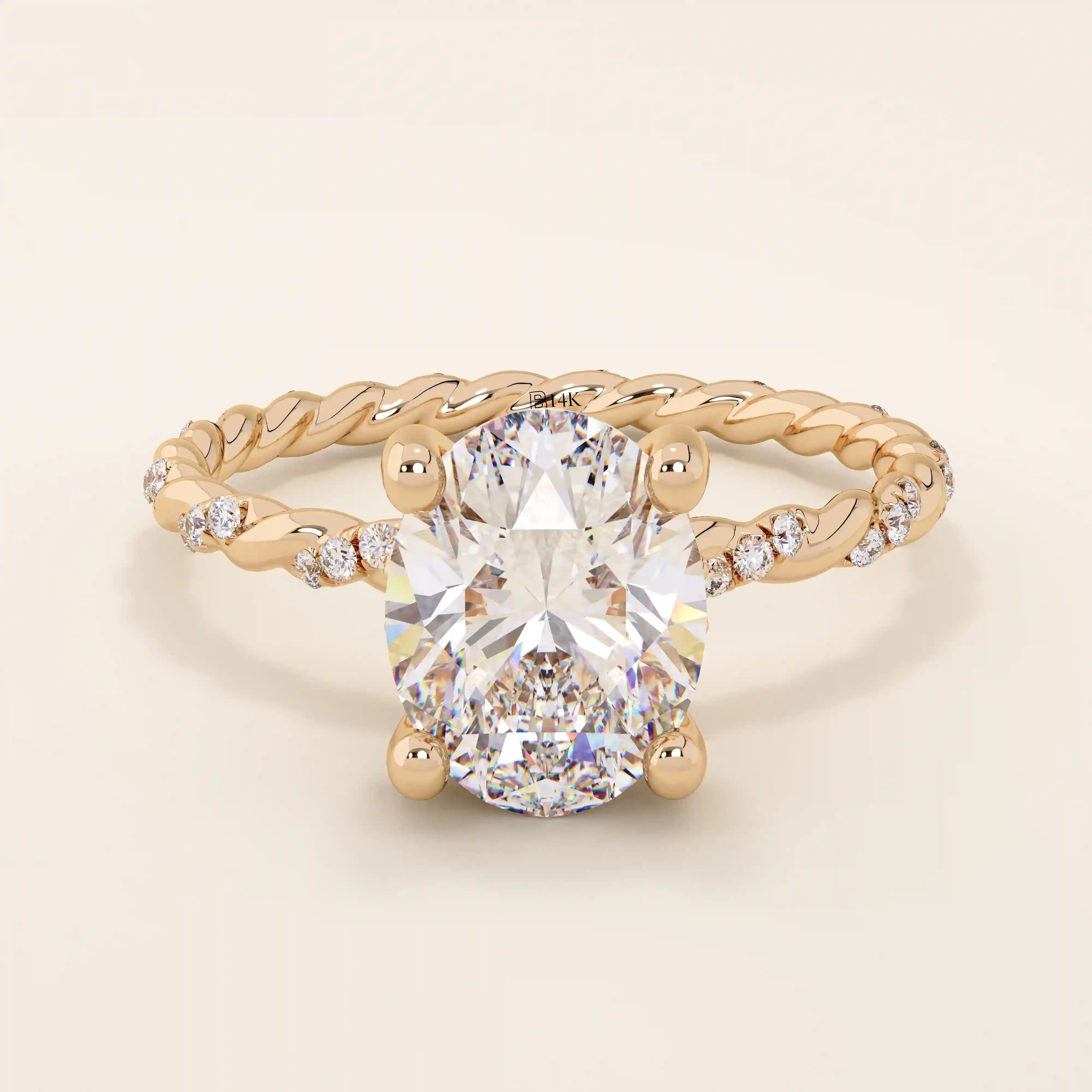 14k solid gold chunky solitaire engagement ring with an oval moissanite center stone. Modern and timeless design.
