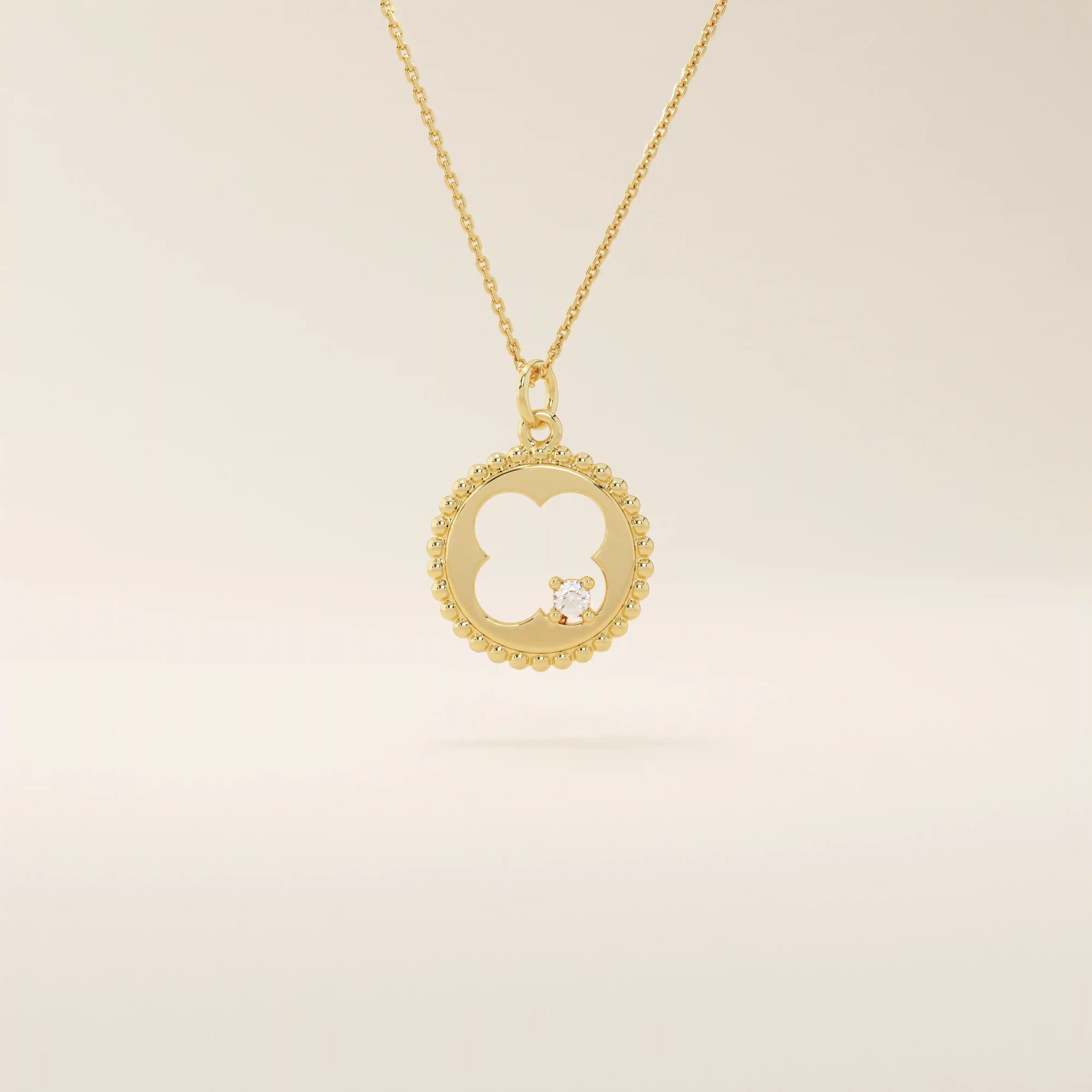 14k solid gold circle pendant necklace featuring a clover-shaped cutout and a single sparkling moissanite. Symbolic and delicate design.