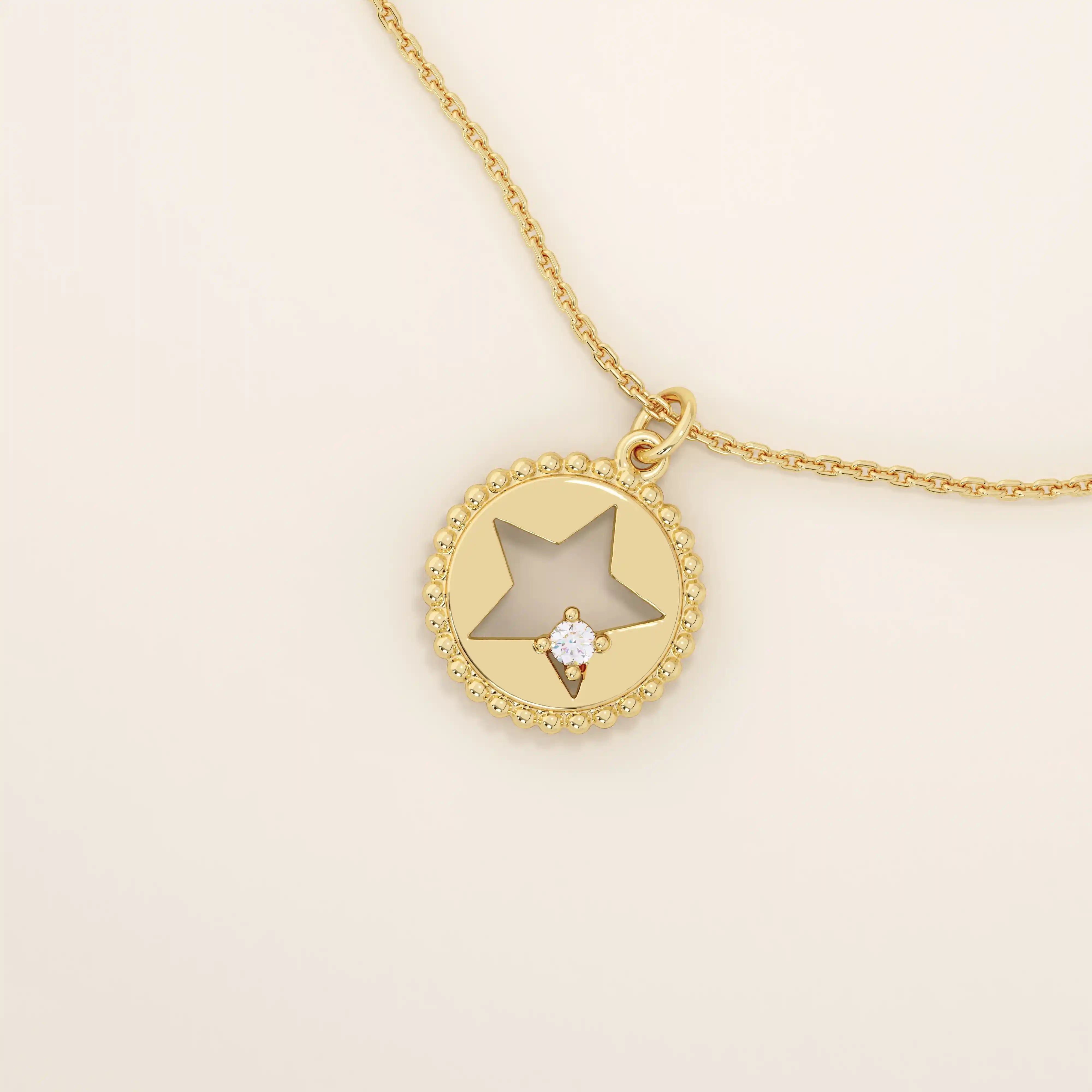 14k solid gold circle pendant necklace featuring a star-shaped cutout and a single sparkling moissanite. Delicate and celestial-inspired design.