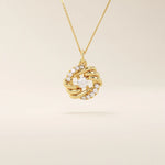 14k solid gold circle pendant with unique shape and paved moissanite stones. Eye-catching and modern gold jewelry. Ideal for minimal yet bold styling.