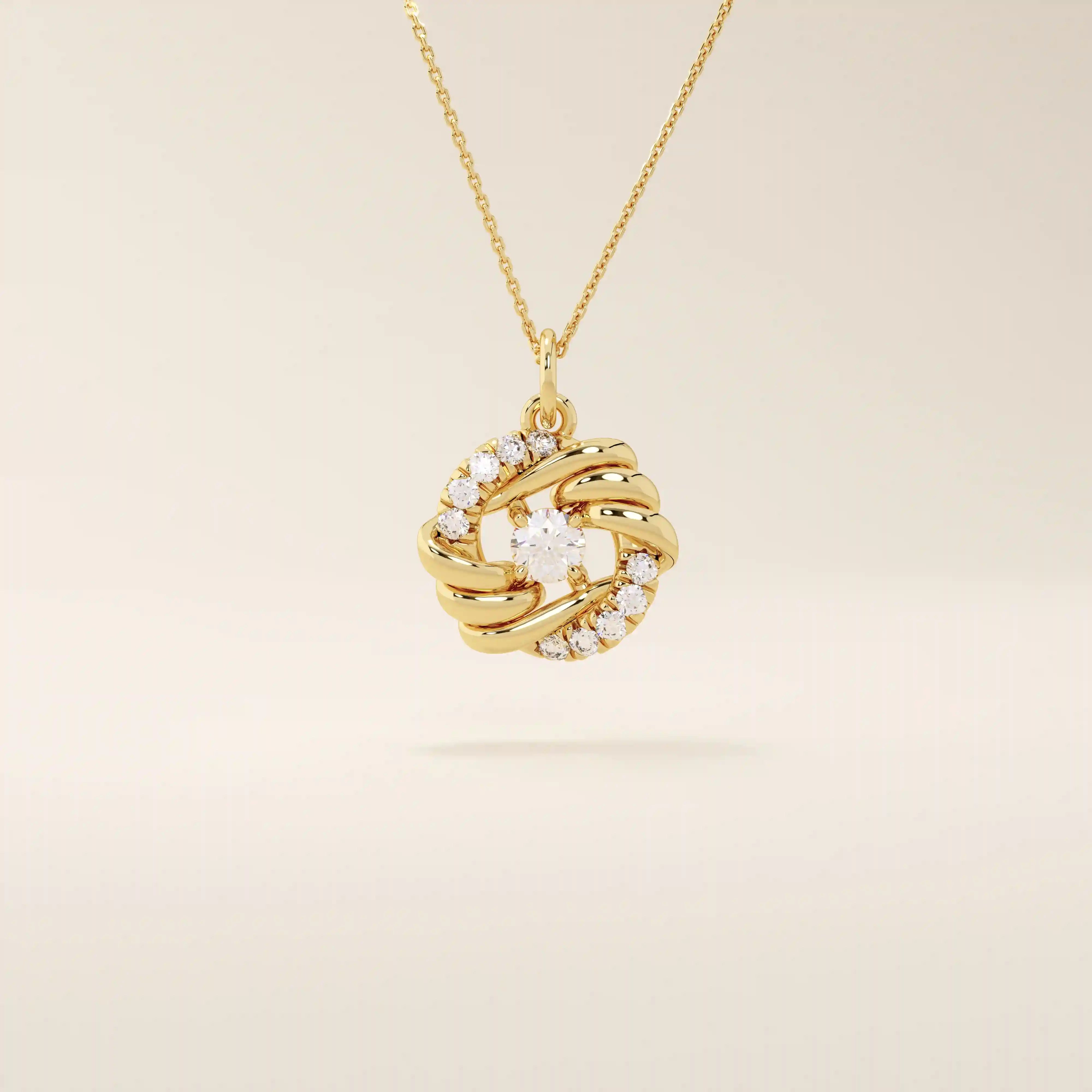 14k solid gold circle pendant with unique shape and paved moissanite stones. Eye-catching and modern gold jewelry. Ideal for minimal yet bold styling.