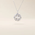 14k solid gold circle pendant with unique shape and paved moissanite stones. Eye-catching and modern gold jewelry. Ideal for minimal yet bold styling.