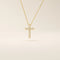 14k solid gold cross necklace with front and back pave moissanite detailing. Reversible and minimalist gold necklace design. Perfect for daily or layered styling.