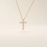 14k solid gold cross necklace with front and back pave moissanite detailing. Reversible and minimalist gold necklace design. Perfect for daily or layered styling.