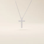 14k solid gold cross necklace with front and back pave moissanite detailing. Reversible and minimalist gold necklace design. Perfect for daily or layered styling.