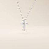 14k solid gold cross necklace with front and back pave moissanite detailing. Reversible and minimalist gold necklace design. Perfect for daily or layered styling.