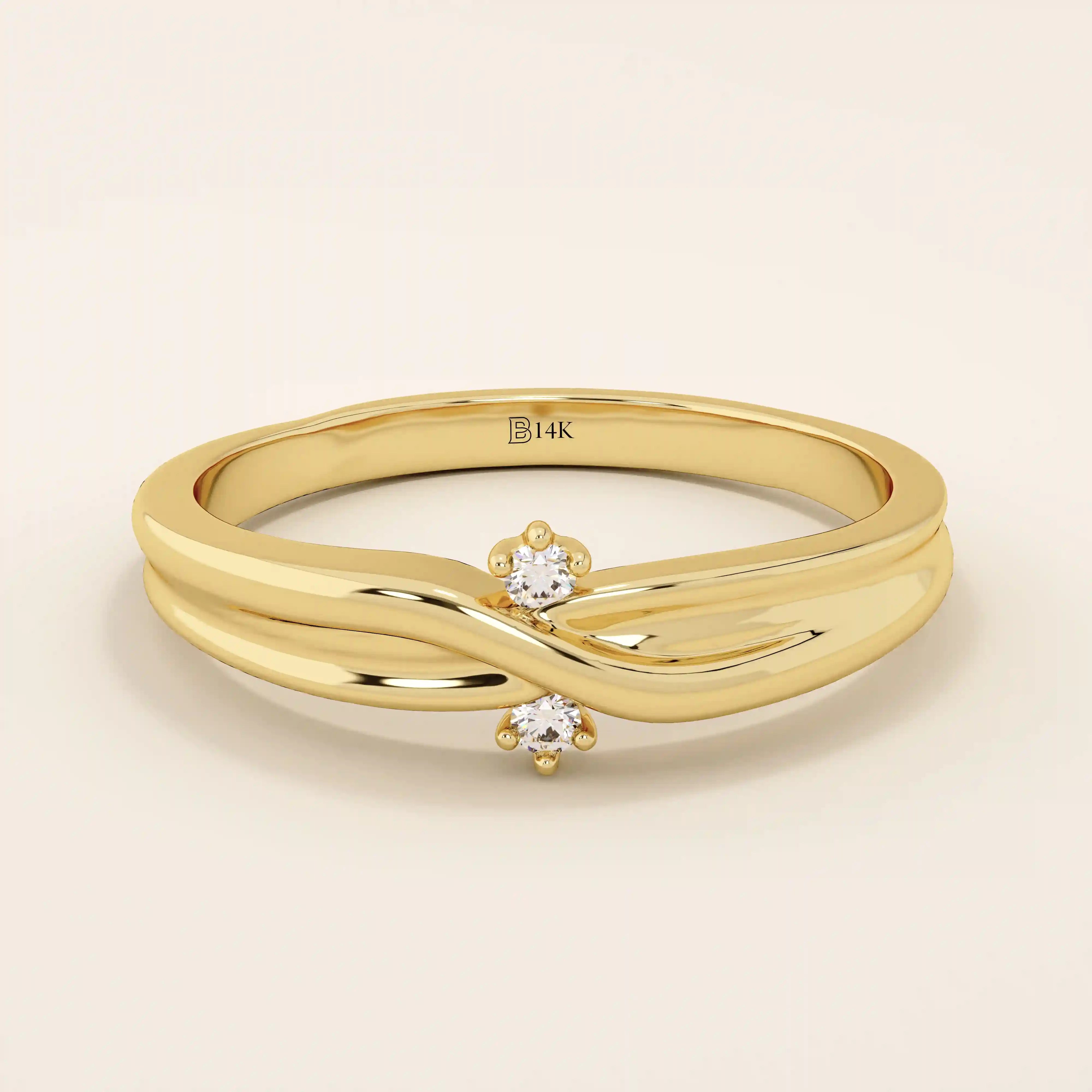 14k solid gold crossover band promise ring accented with tiny sparkling moissanites. Elegant design perfect for everyday wear or gifting.