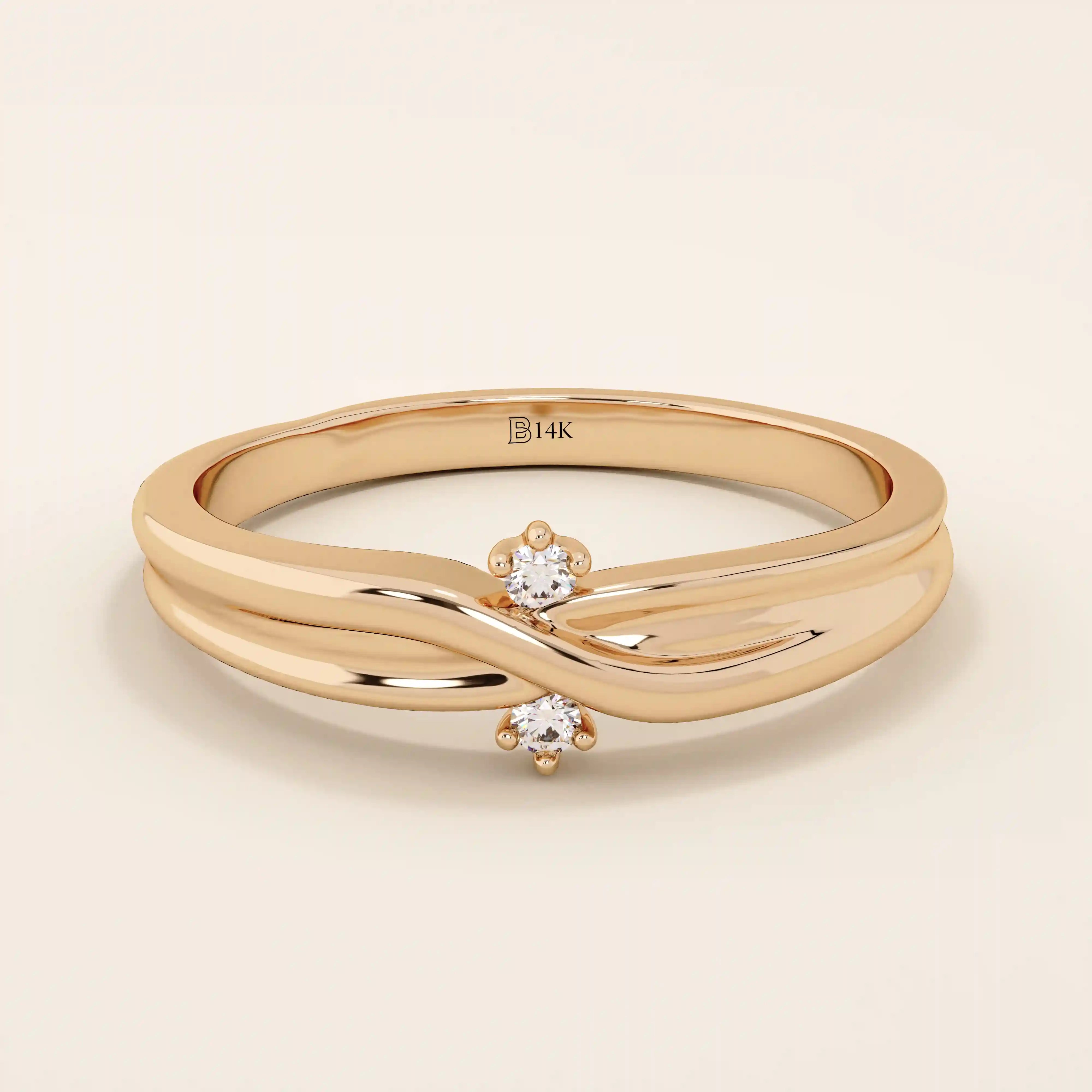 14k solid gold crossover band promise ring accented with tiny sparkling moissanites. Elegant design perfect for everyday wear or gifting.