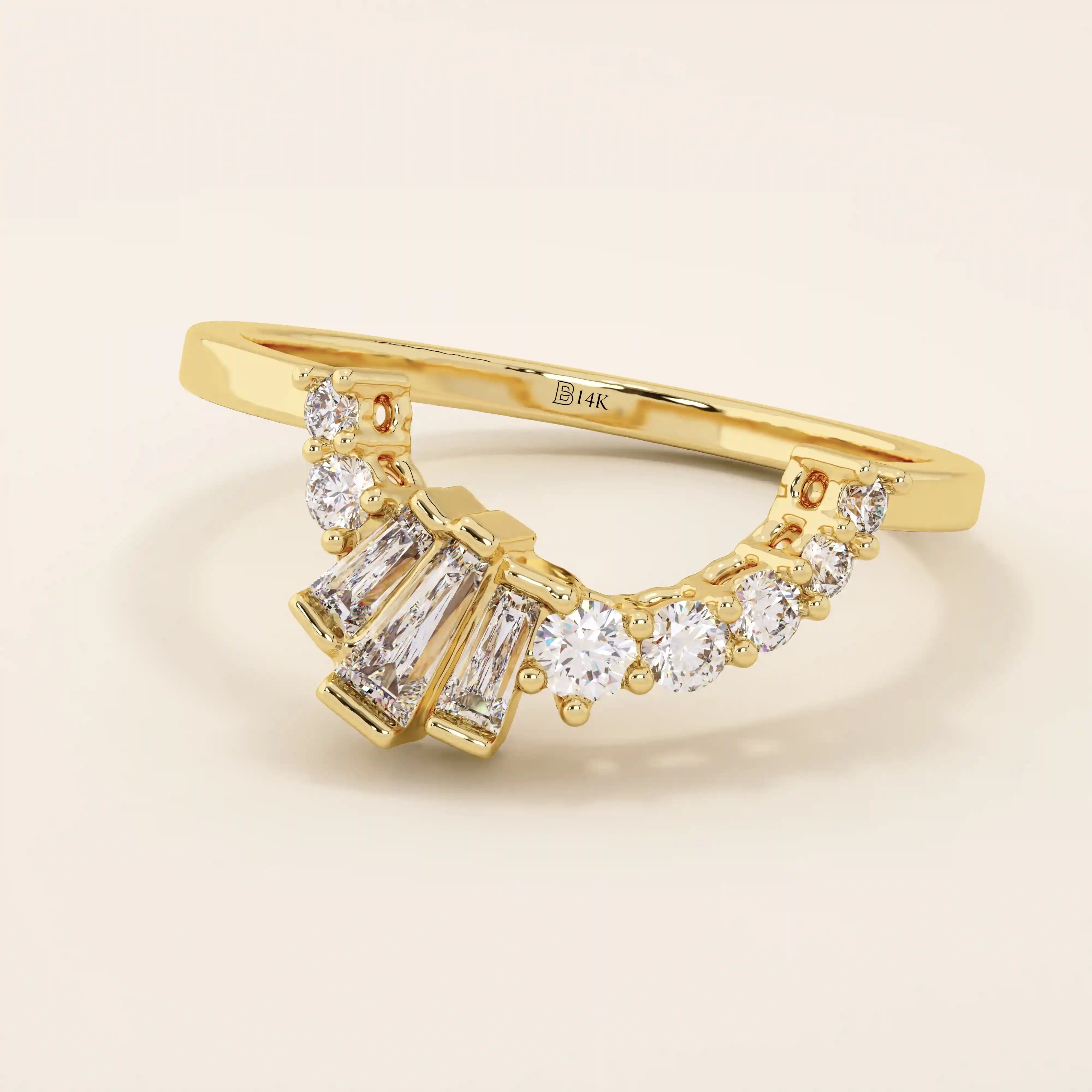 14k solid gold curved ring with a clean arch shape, set with baguette-cut moissanite stones. A refined stacking or nesting band with modern flair.