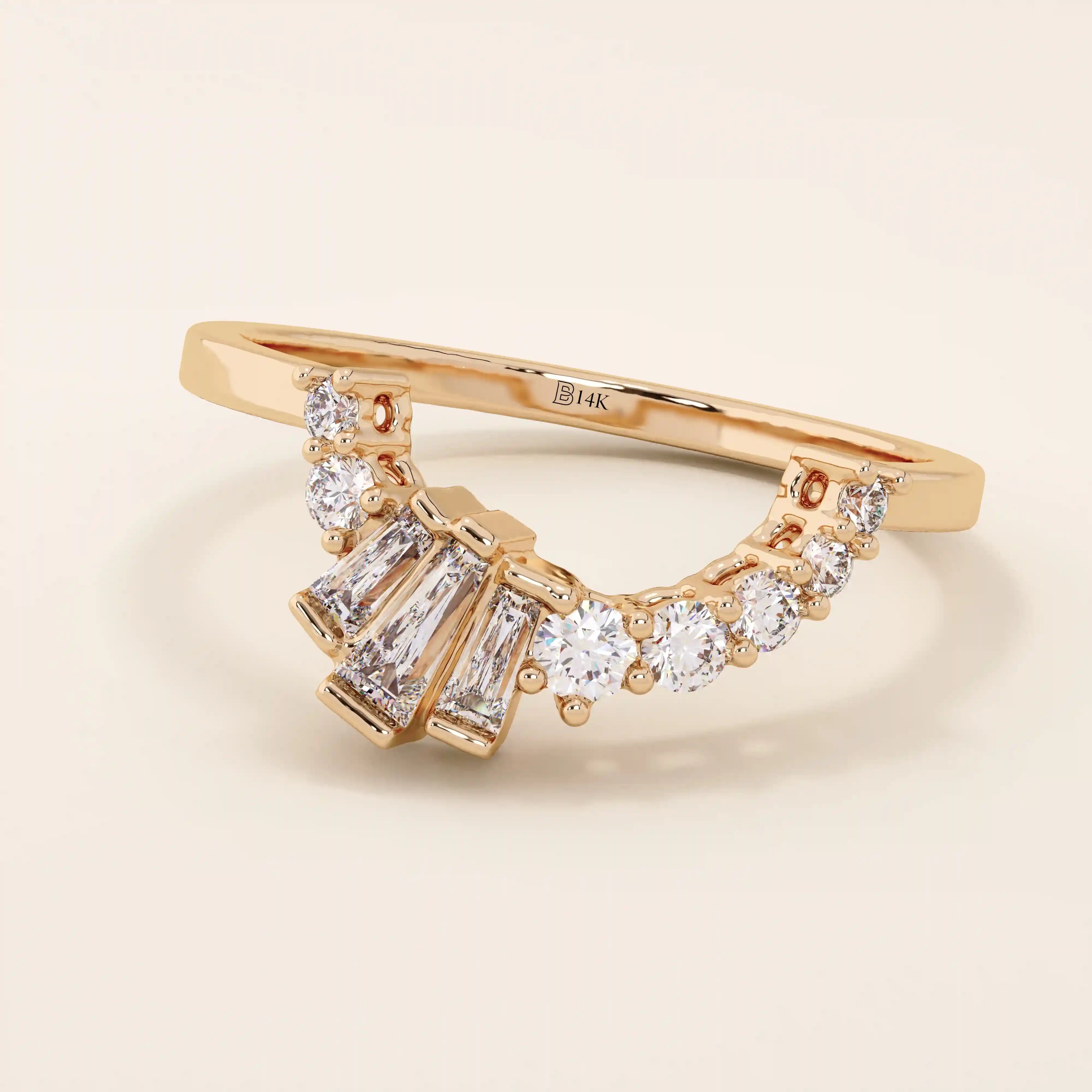 14k solid gold curved ring with a clean arch shape, set with baguette-cut moissanite stones. A refined stacking or nesting band with modern flair.