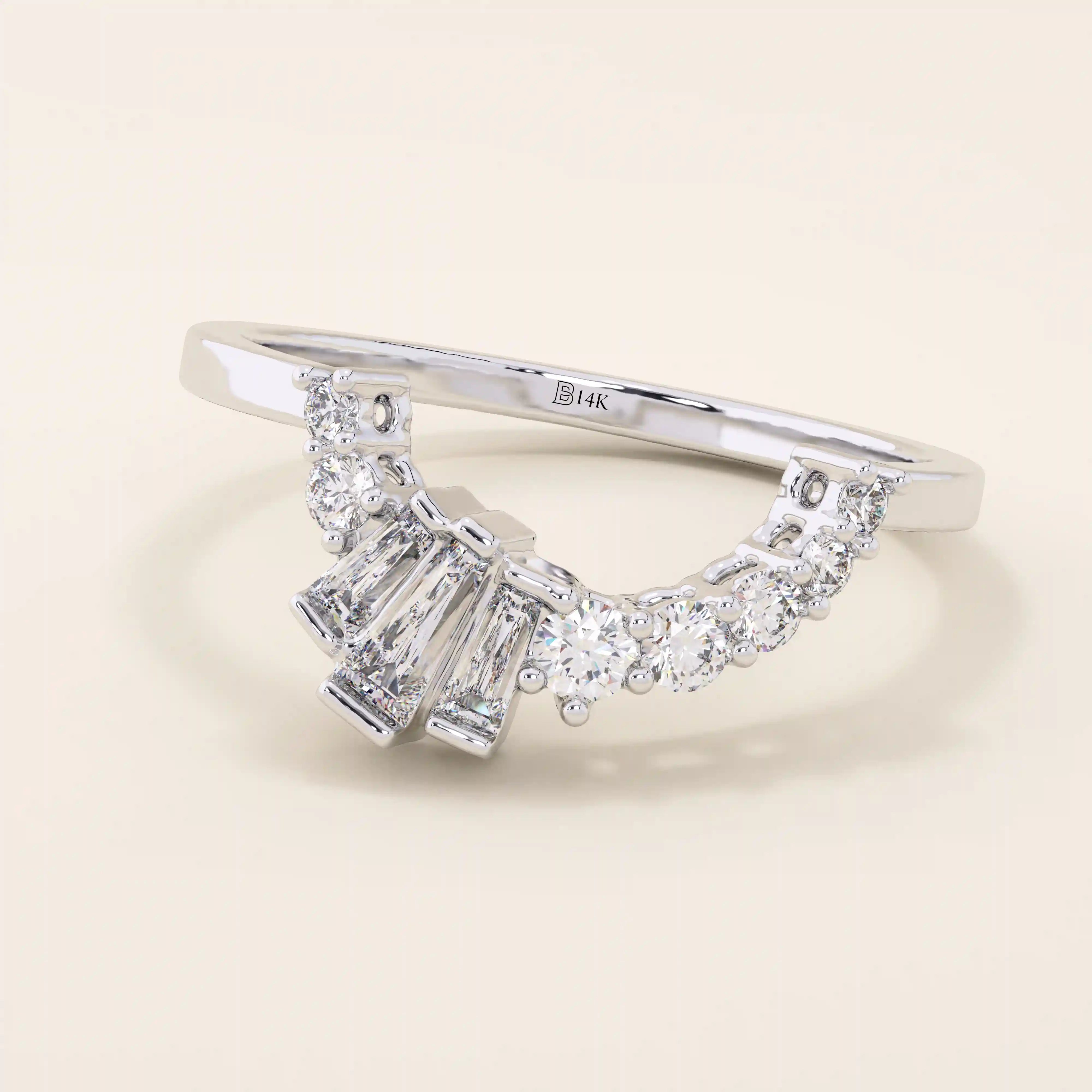 14k solid gold curved ring with a clean arch shape, set with baguette-cut moissanite stones. A refined stacking or nesting band with modern flair.
