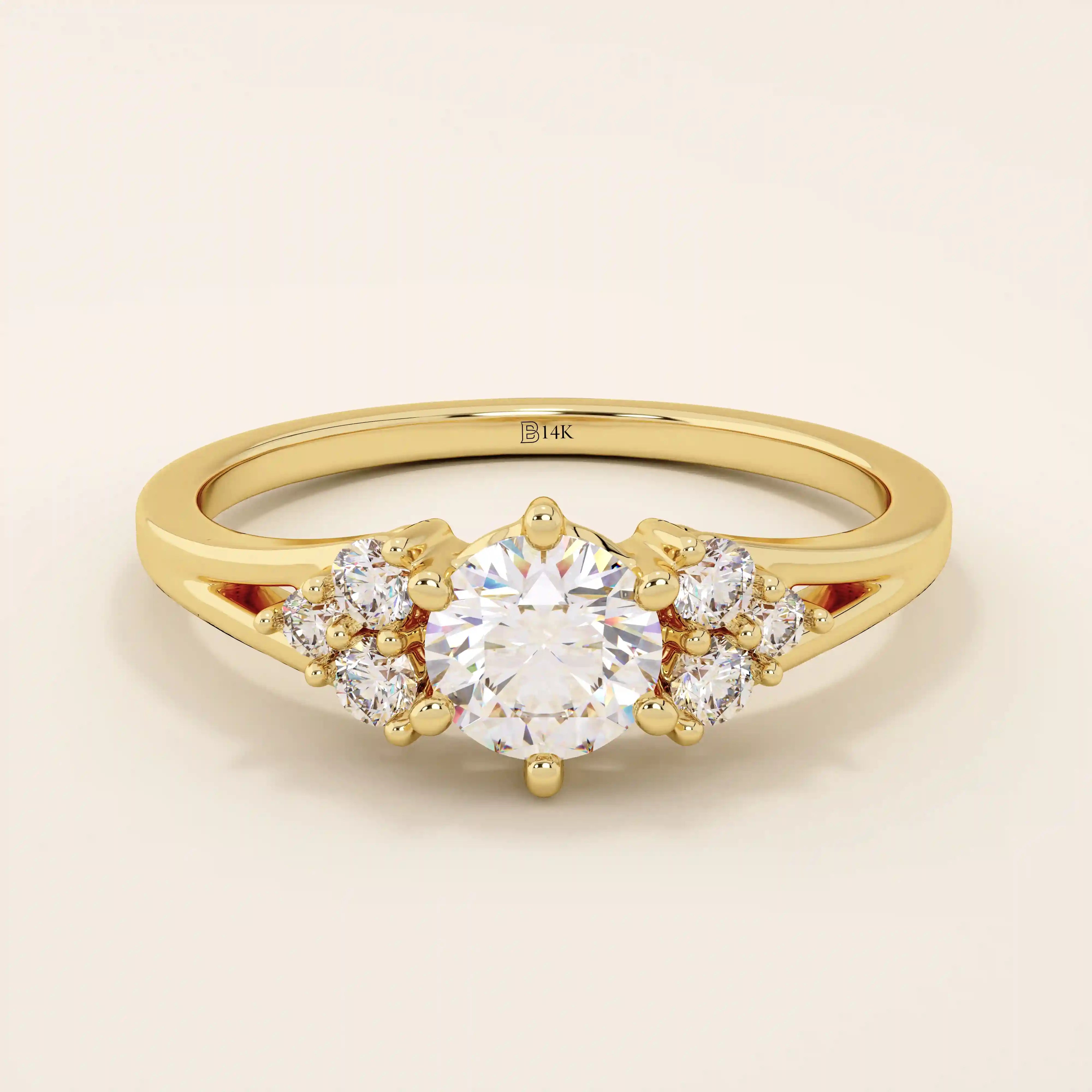 14k solid gold dainty engagement ring with a round moissanite center stone and tiny accent stones on the side. A delicate and timeless design. Perfect for minimal yet meaningful proposals.