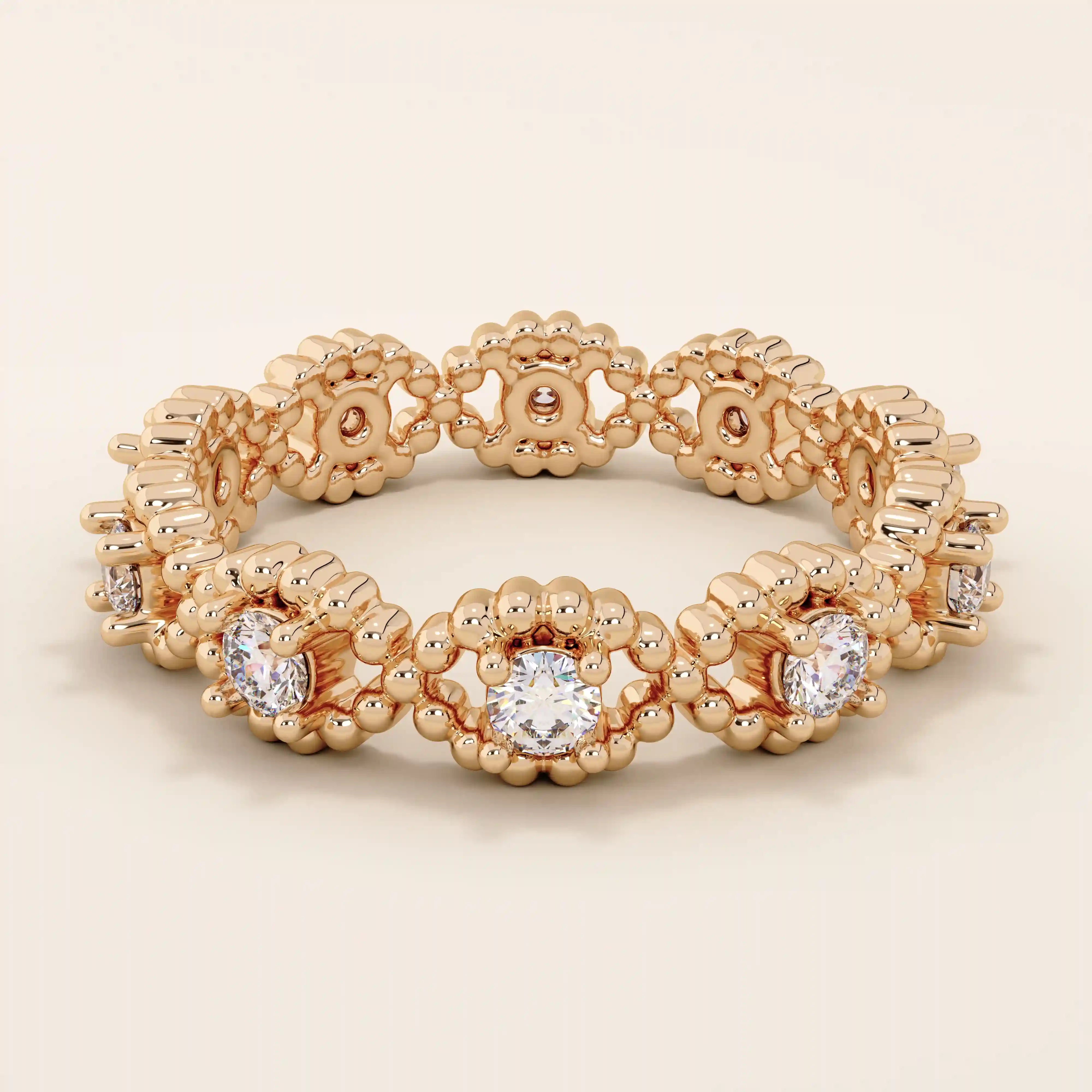 14k solid gold eternity statement ring with a beaded band and evil eye motif. Unique and protective jewelry design for women.