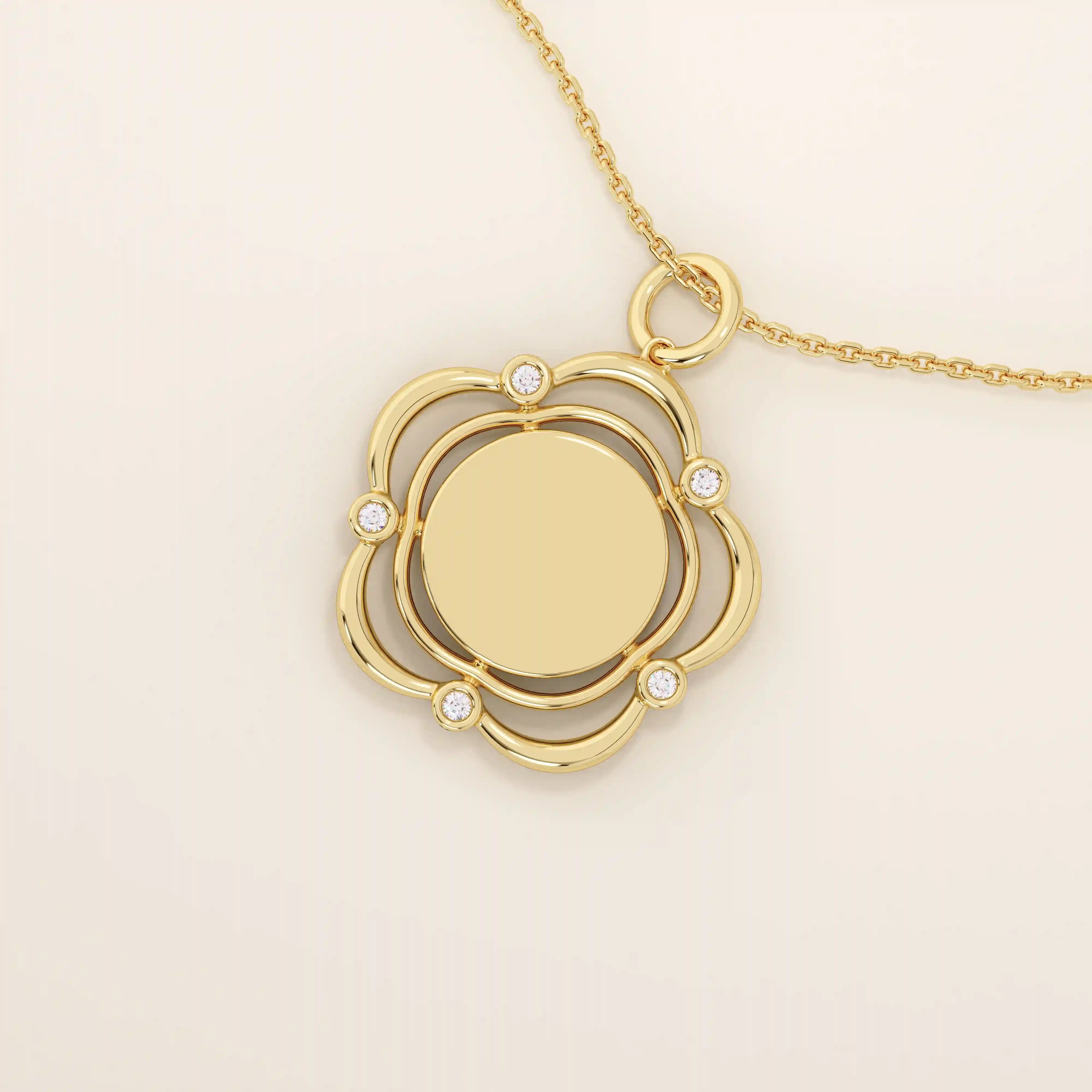 14k solid gold flower-shaped pendant necklace with a smooth, plain surface perfect for engraving. Minimalist and customizable everyday jewelry.
