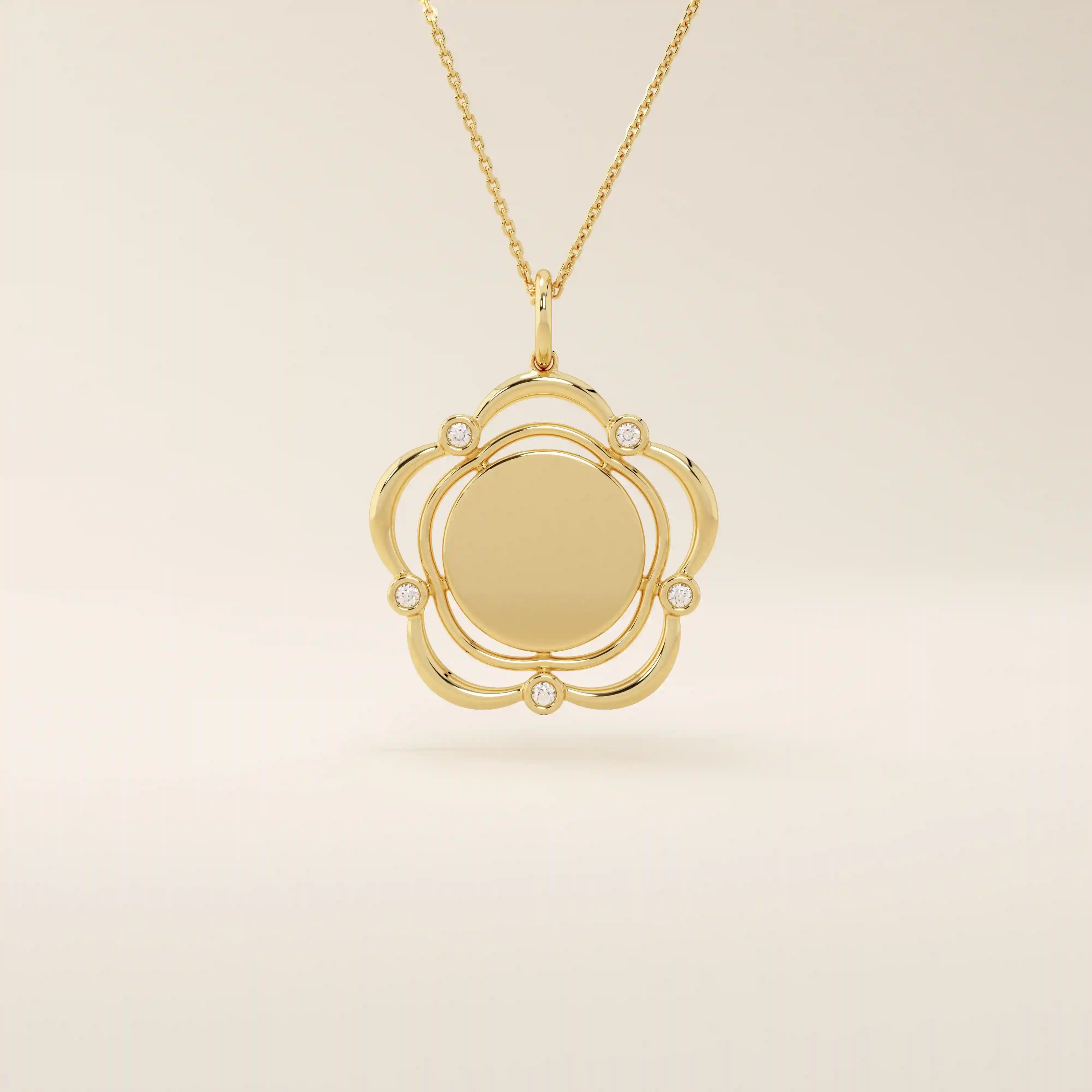14k solid gold flower-shaped pendant necklace with a smooth, plain surface perfect for engraving. Minimalist and customizable everyday jewelry.
