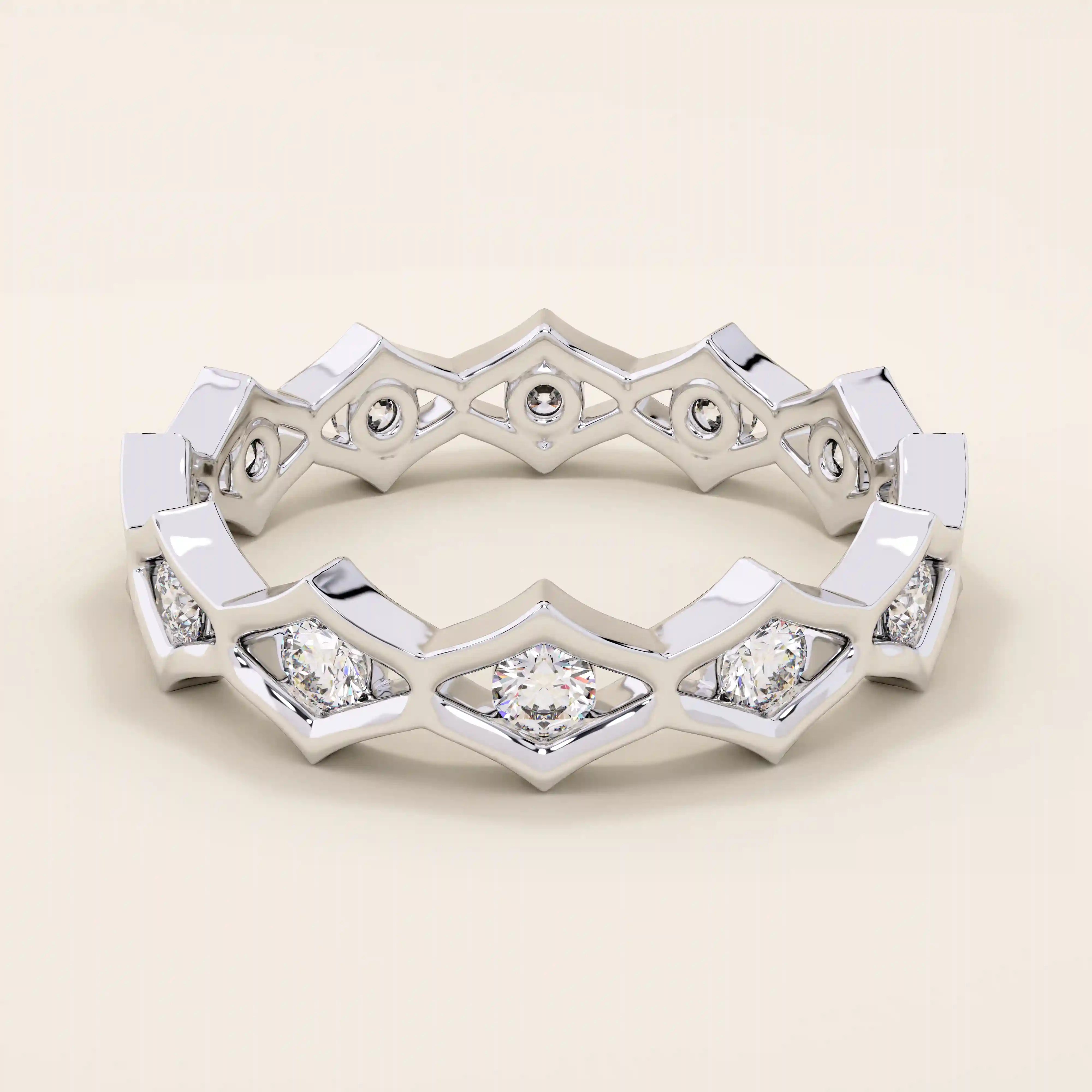 14k solid gold geometric eternity band ring featuring rhombus shapes adorned with sparkling moissanites. Bold and modern design.