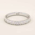 14k solid gold  geometric textured patterned slim unisex wedding band alliance with bezel set princess cut moissanite