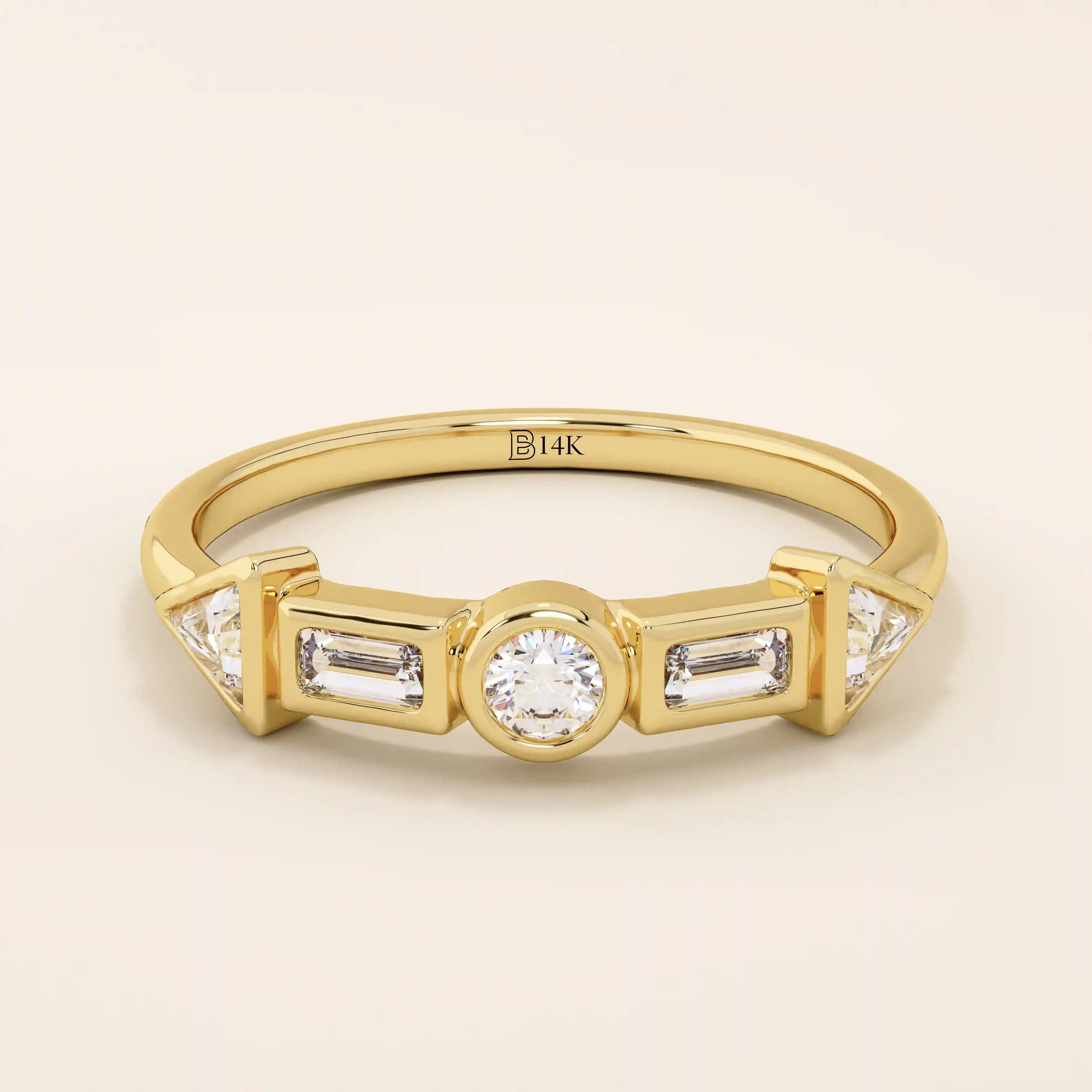 14k solid gold half eternity statement ring featuring bezel-set mixed cut moissanite stones. Modern and elegant design.