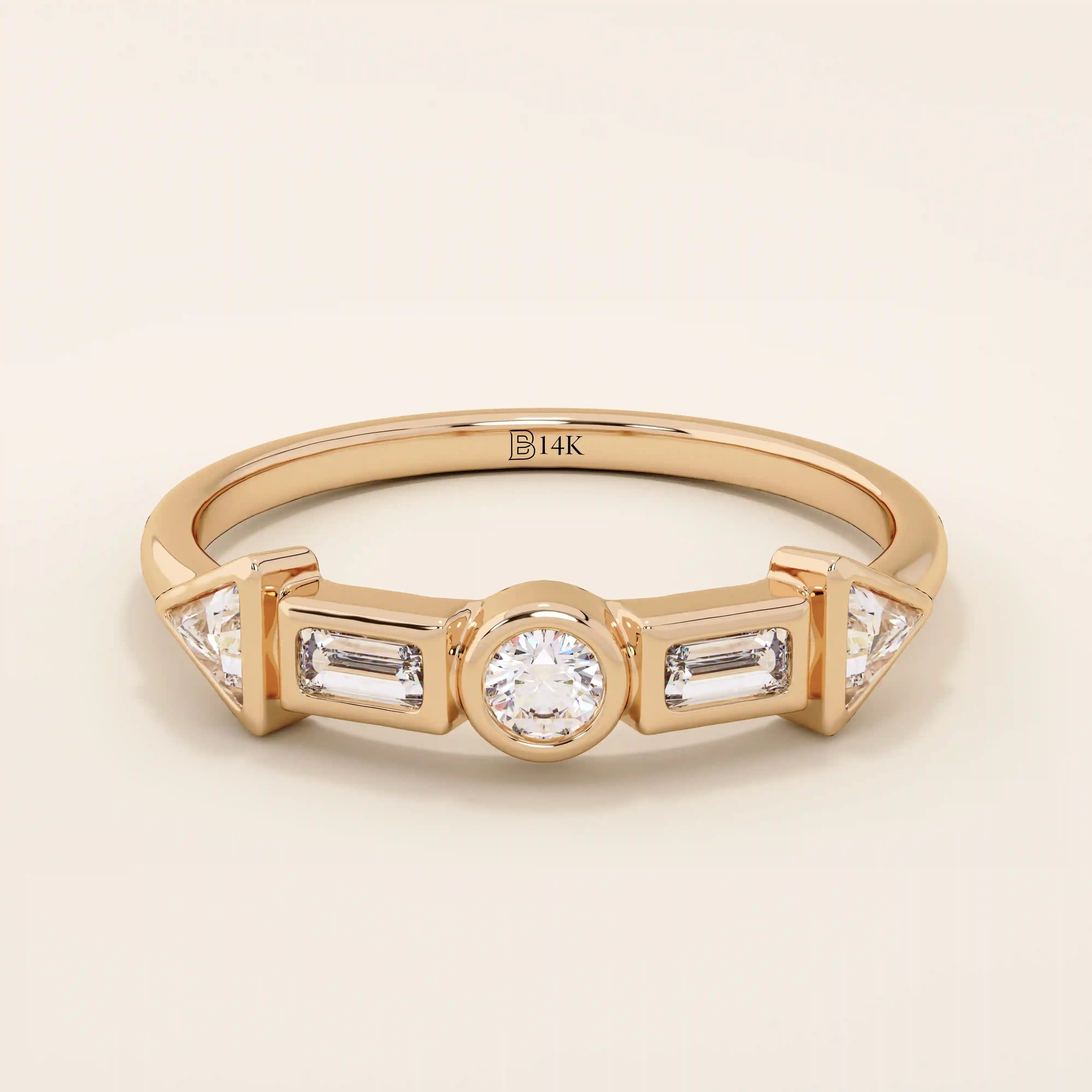 14k solid gold half eternity statement ring featuring bezel-set mixed cut moissanite stones. Modern and elegant design.