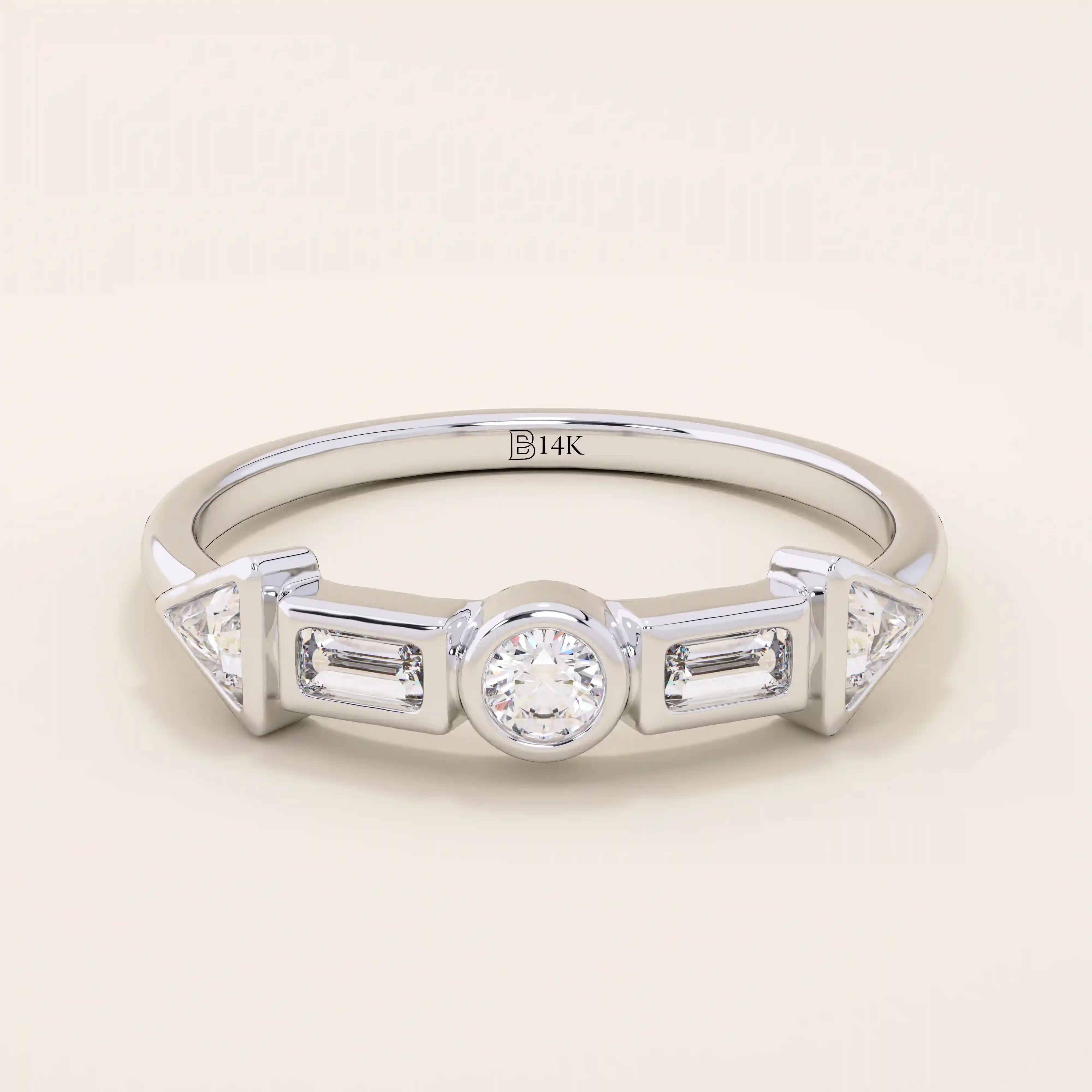 14k solid gold half eternity statement ring featuring bezel-set mixed cut moissanite stones. Modern and elegant design.