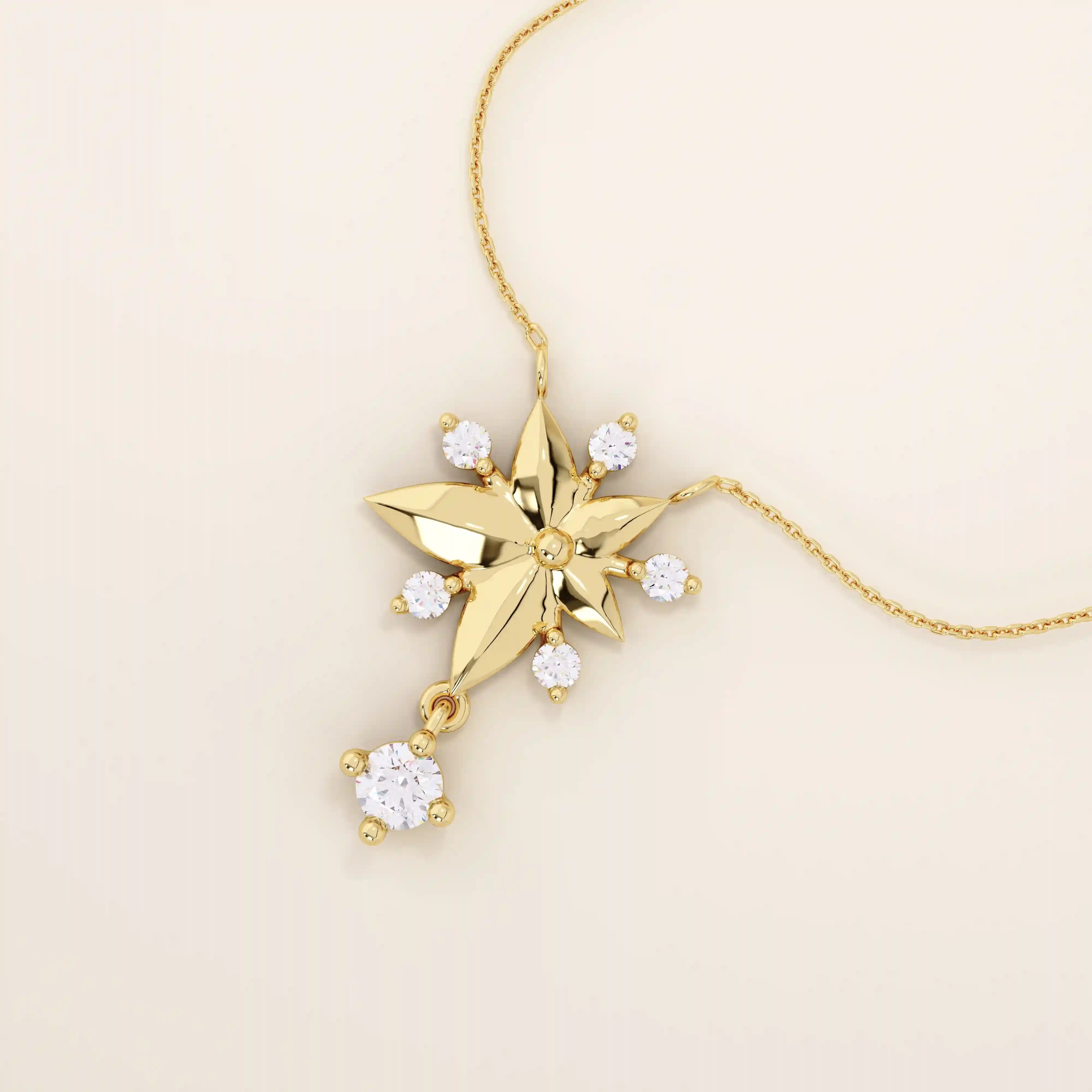 14k solid gold necklace featuring a 5-petal flower design with a dangling moissanite. Feminine and delicate floral jewelry. Ideal for everyday elegance.