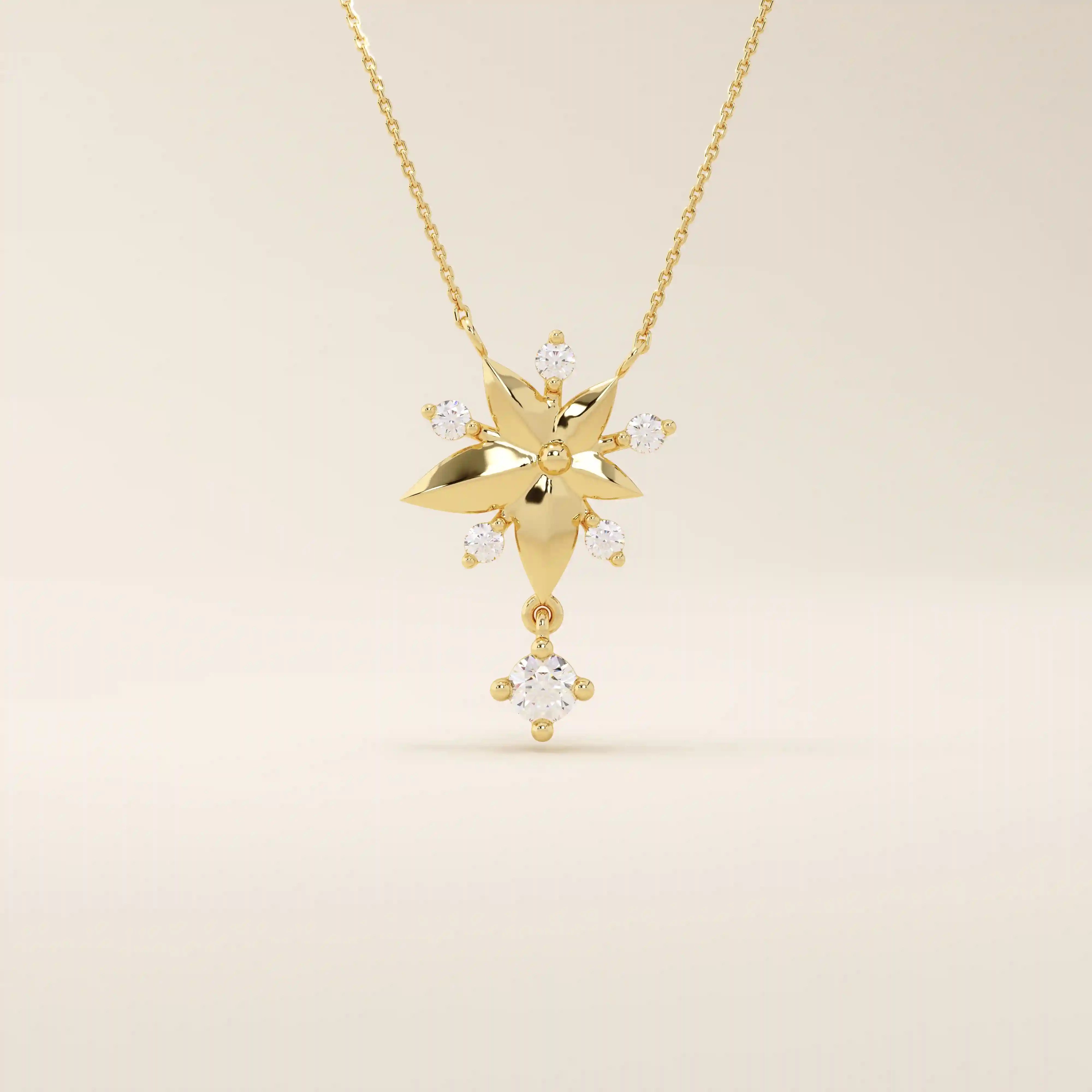 14k solid gold necklace featuring a 5-petal flower design with a dangling moissanite. Feminine and delicate floral jewelry. Ideal for everyday elegance.