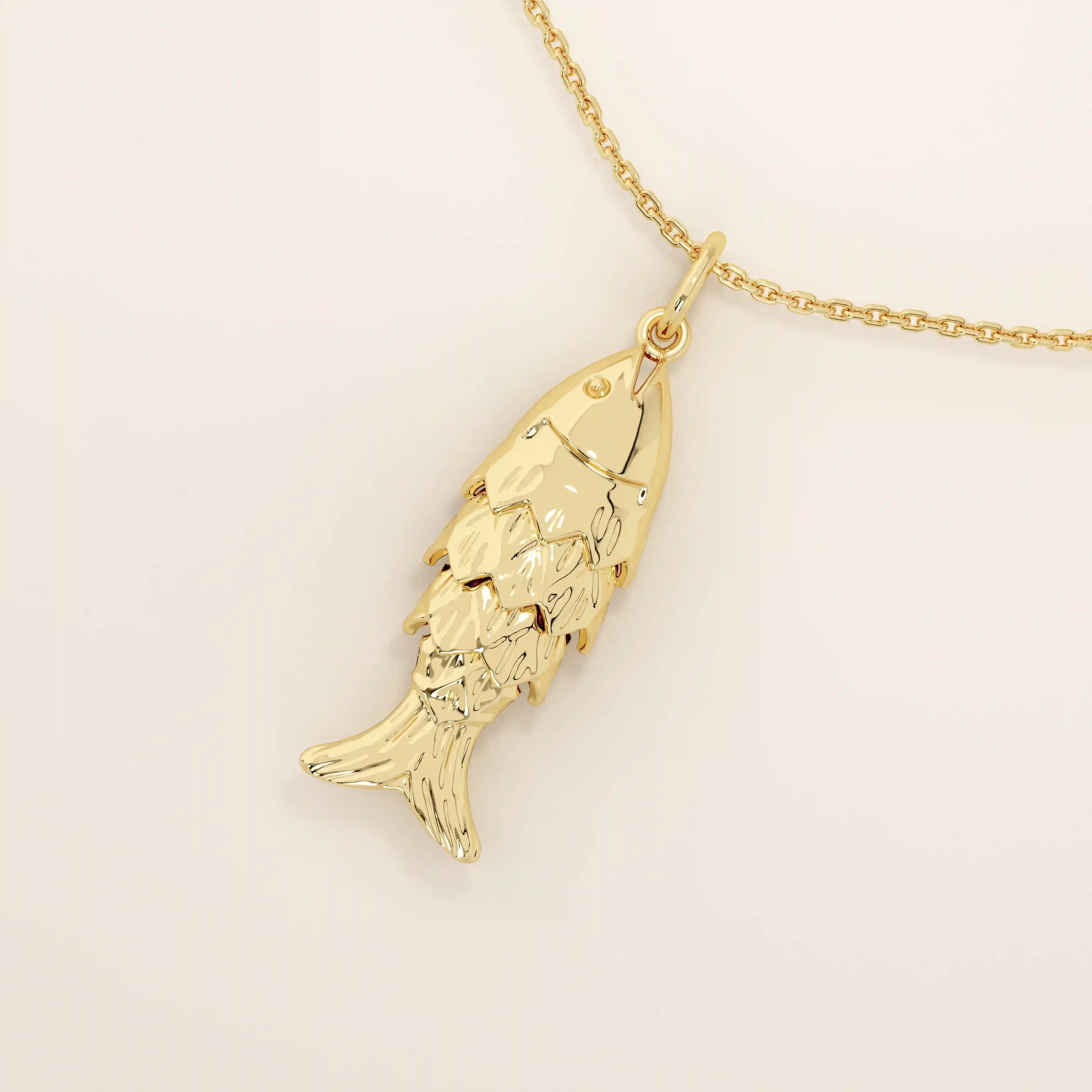 14k solid gold necklace featuring a minimalist fish design. Symbolic and playful gold jewelry. Ideal for everyday wear or gifting.