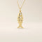 14k solid gold necklace featuring a minimalist fish design. Symbolic and playful gold jewelry. Ideal for everyday wear or gifting.