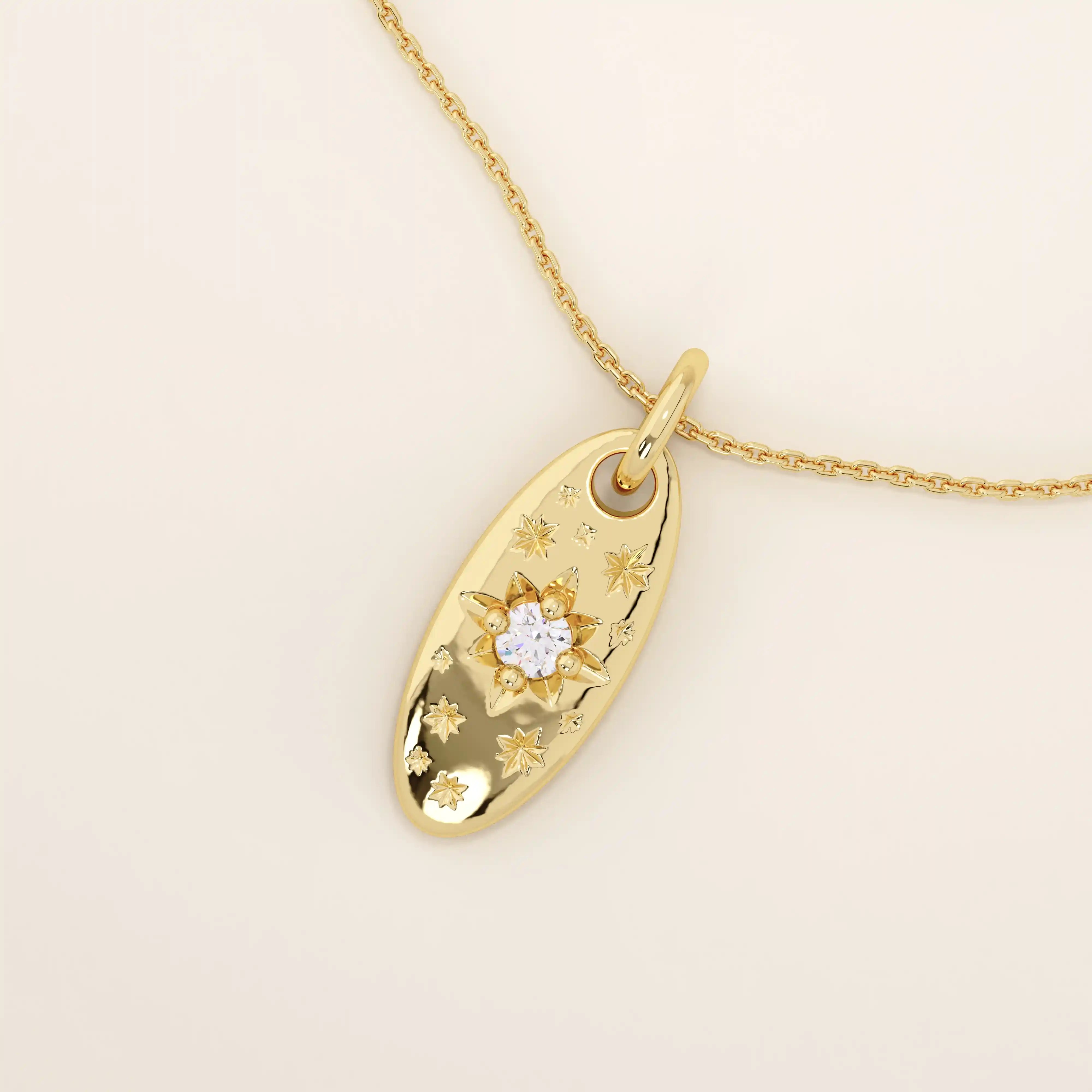 14k solid gold oval celestial pendant necklace featuring a sparkling moissanite Northstar design. Elegant and symbolic jewelry piece.