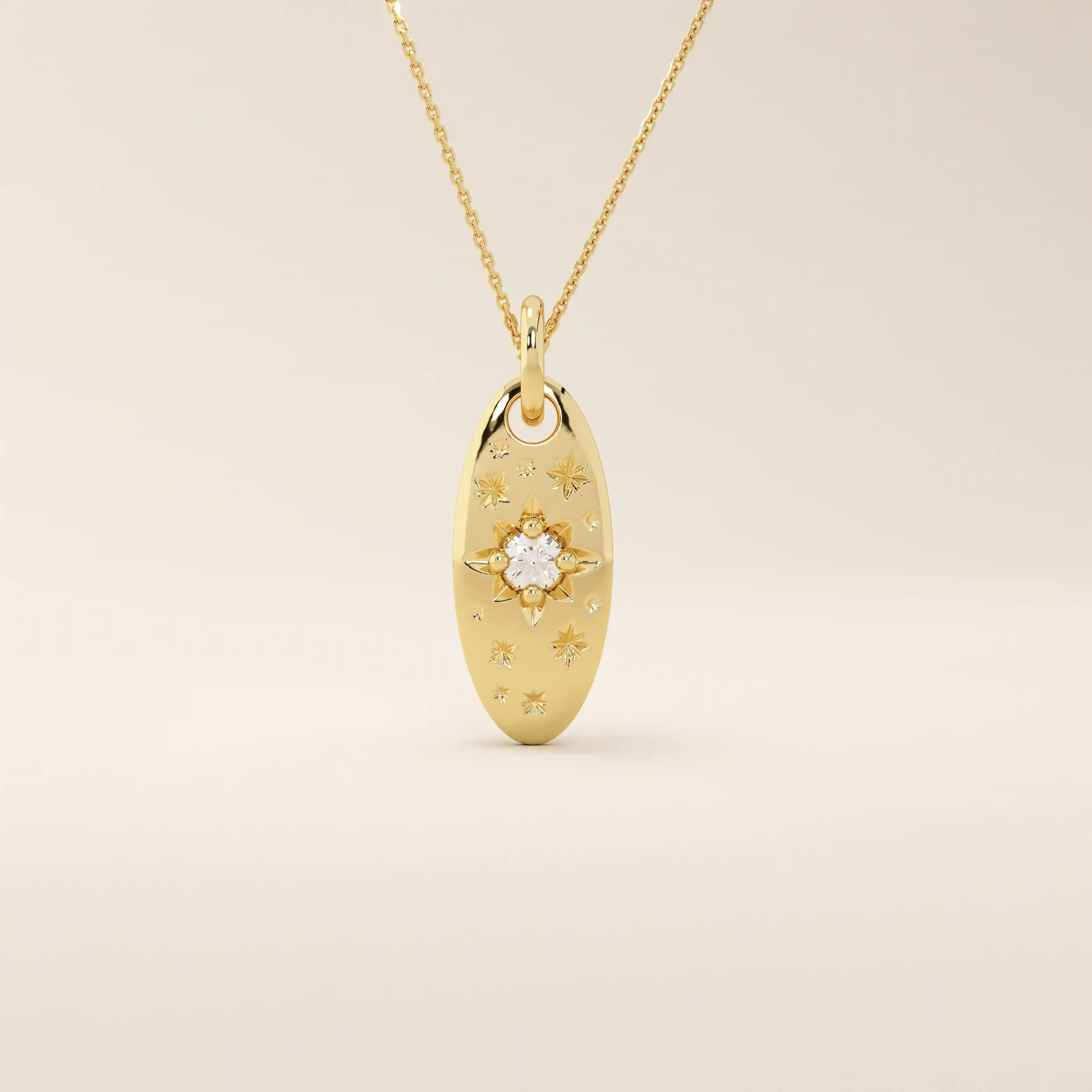 14k solid gold oval celestial pendant necklace featuring a sparkling moissanite Northstar design. Elegant and symbolic jewelry piece.