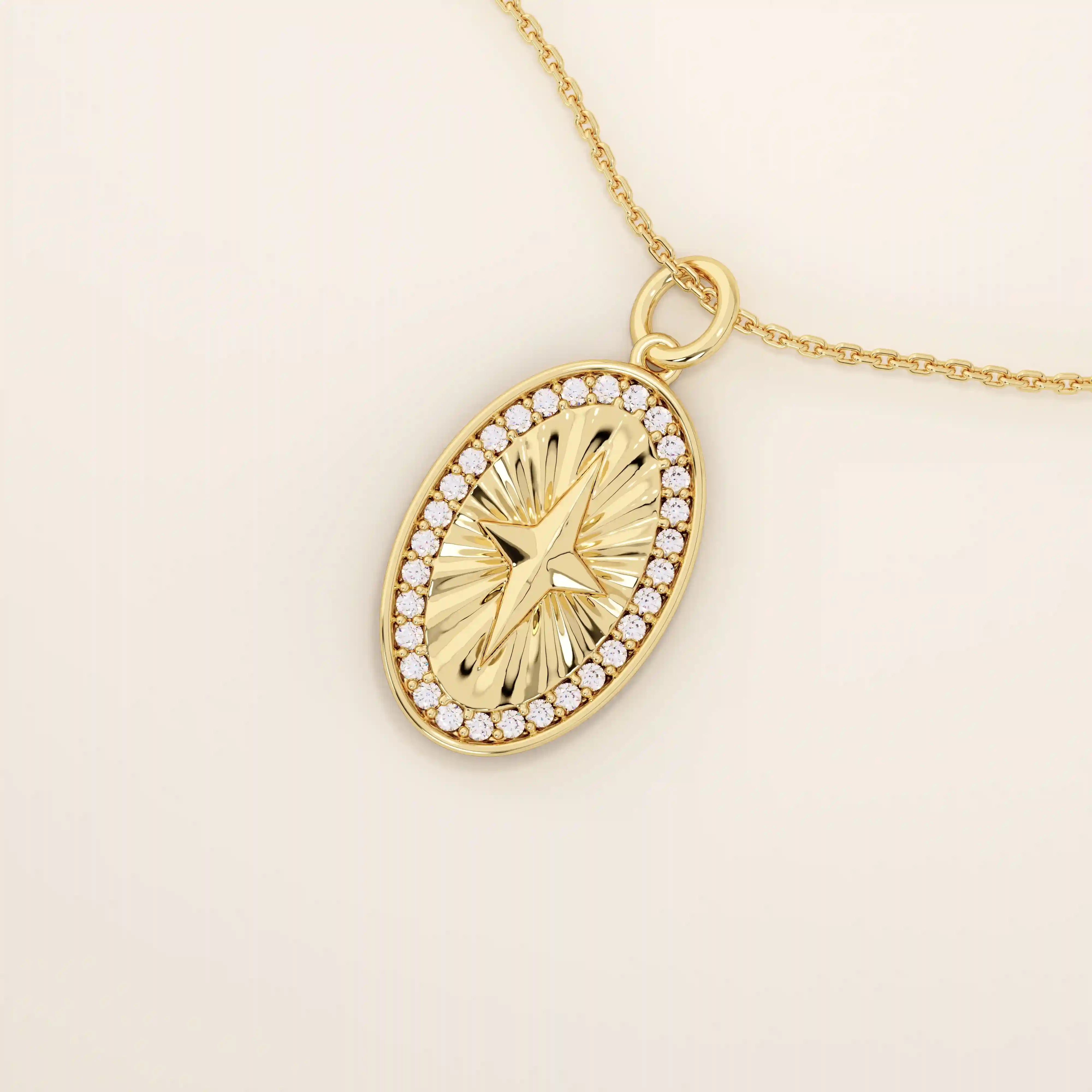 14k solid gold oval compass pendant necklace with pave moissanite stones around and a 4-point star design in the center. Elegant and symbolic gold jewelry. Perfect for daily wear.