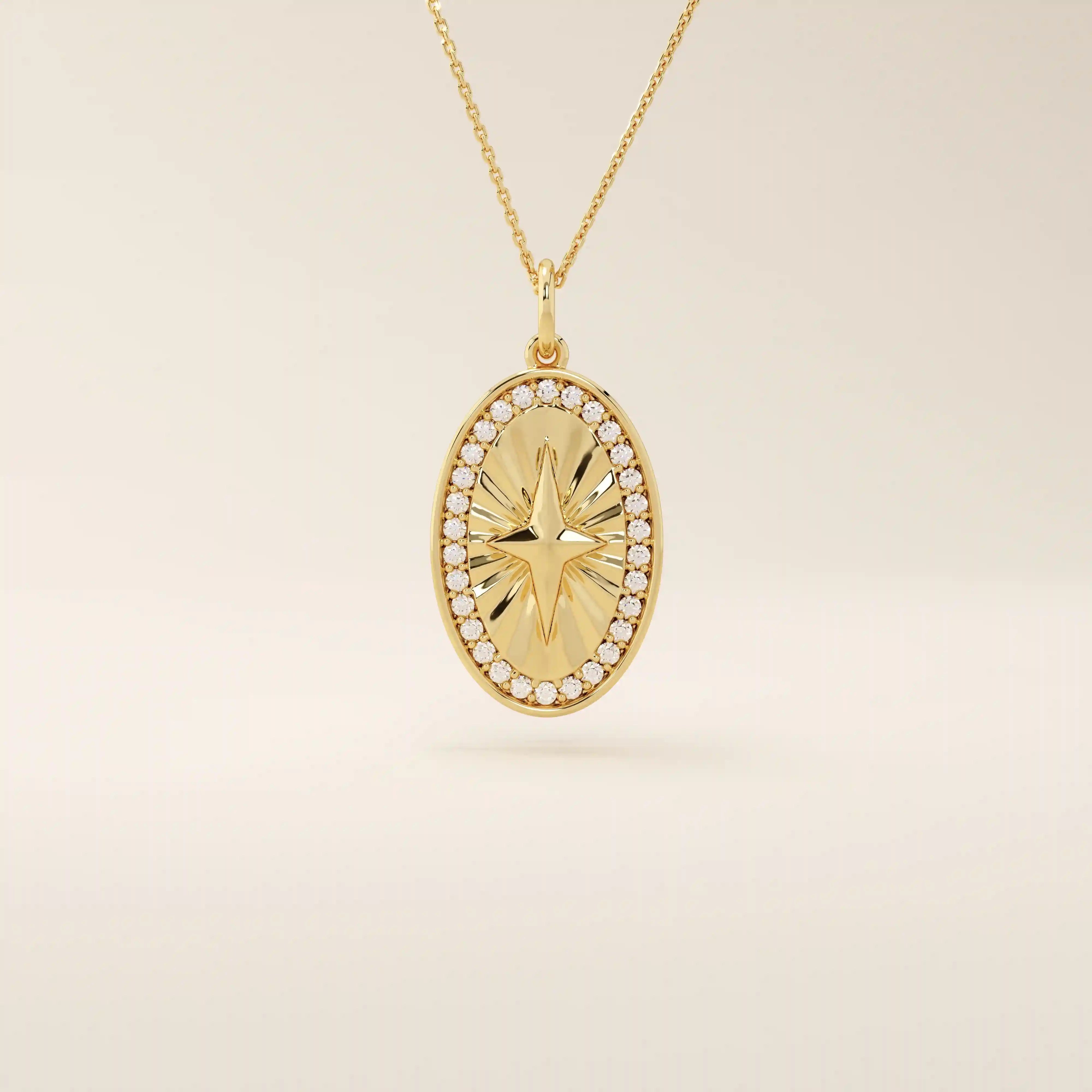 14k solid gold oval compass pendant necklace with pave moissanite stones around and a 4-point star design in the center. Elegant and symbolic gold jewelry. Perfect for daily wear.