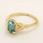 14k solid gold oval teal sapphire with halo pave moissanite stones engagement ring for women