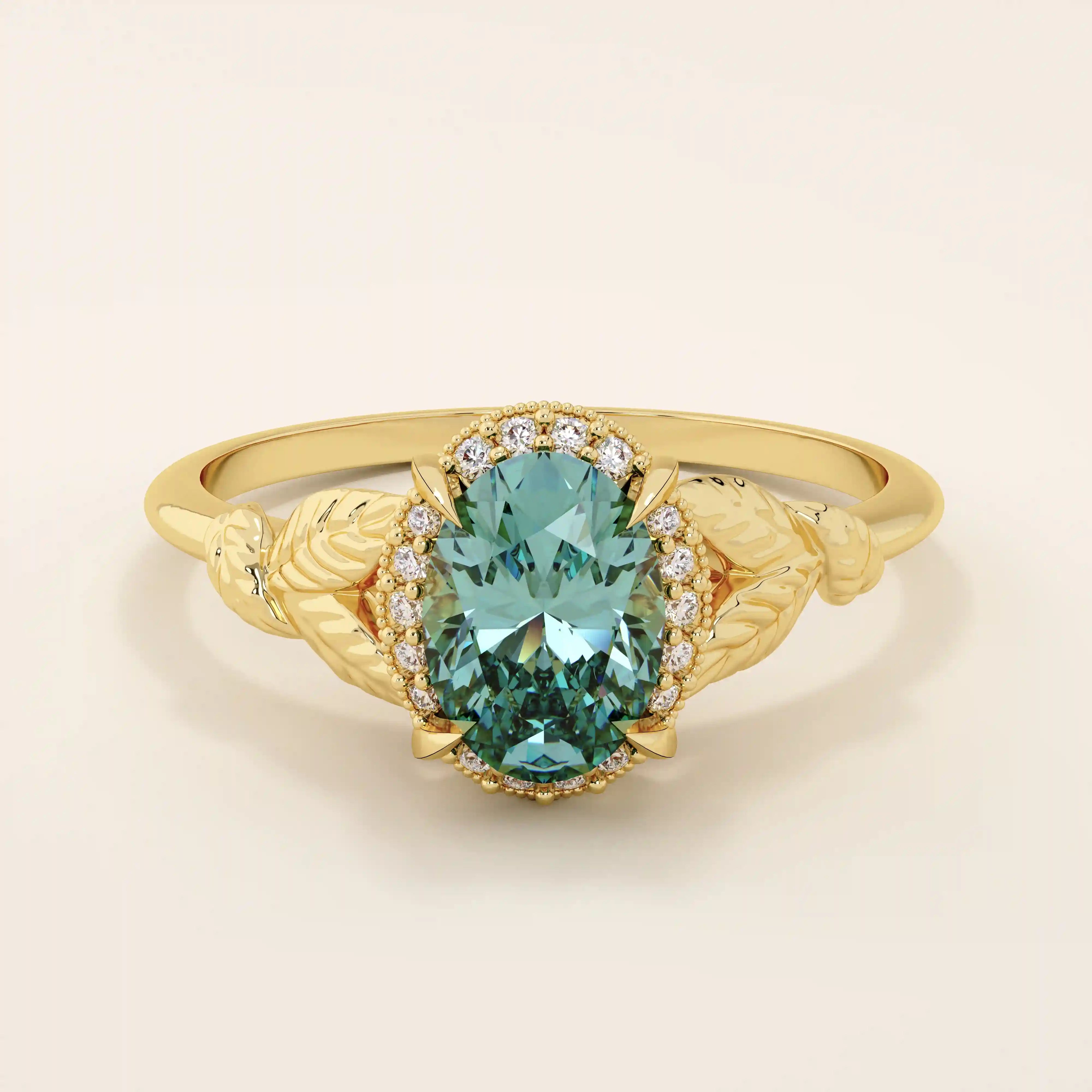 14k solid gold oval teal sapphire with halo pave moissanite stones engagement ring for women