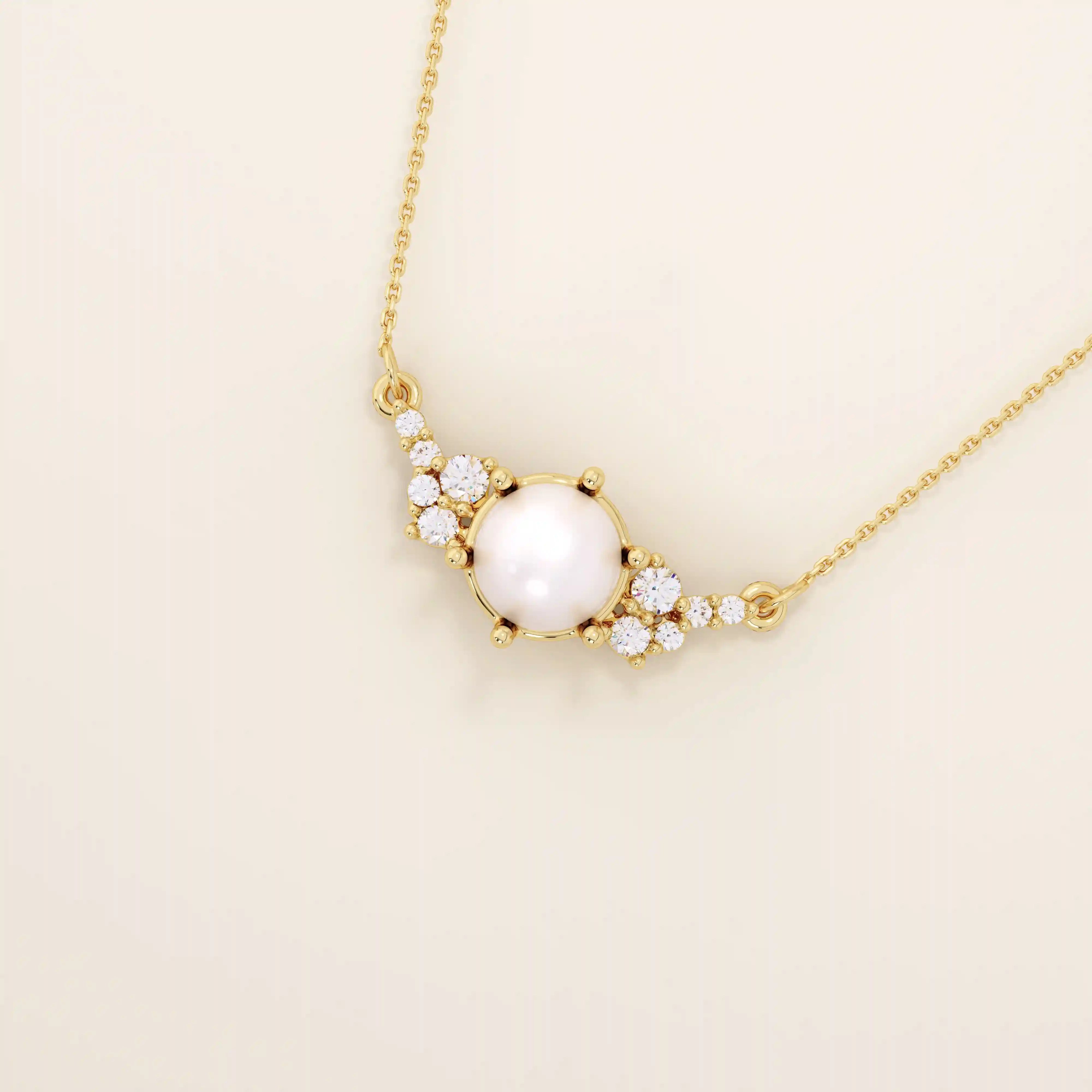 14k solid gold pearl necklace featuring moissanite clusters on both sides of the center pearl. Elegant and modern pearl jewelry. Perfect for minimalist daily wear.