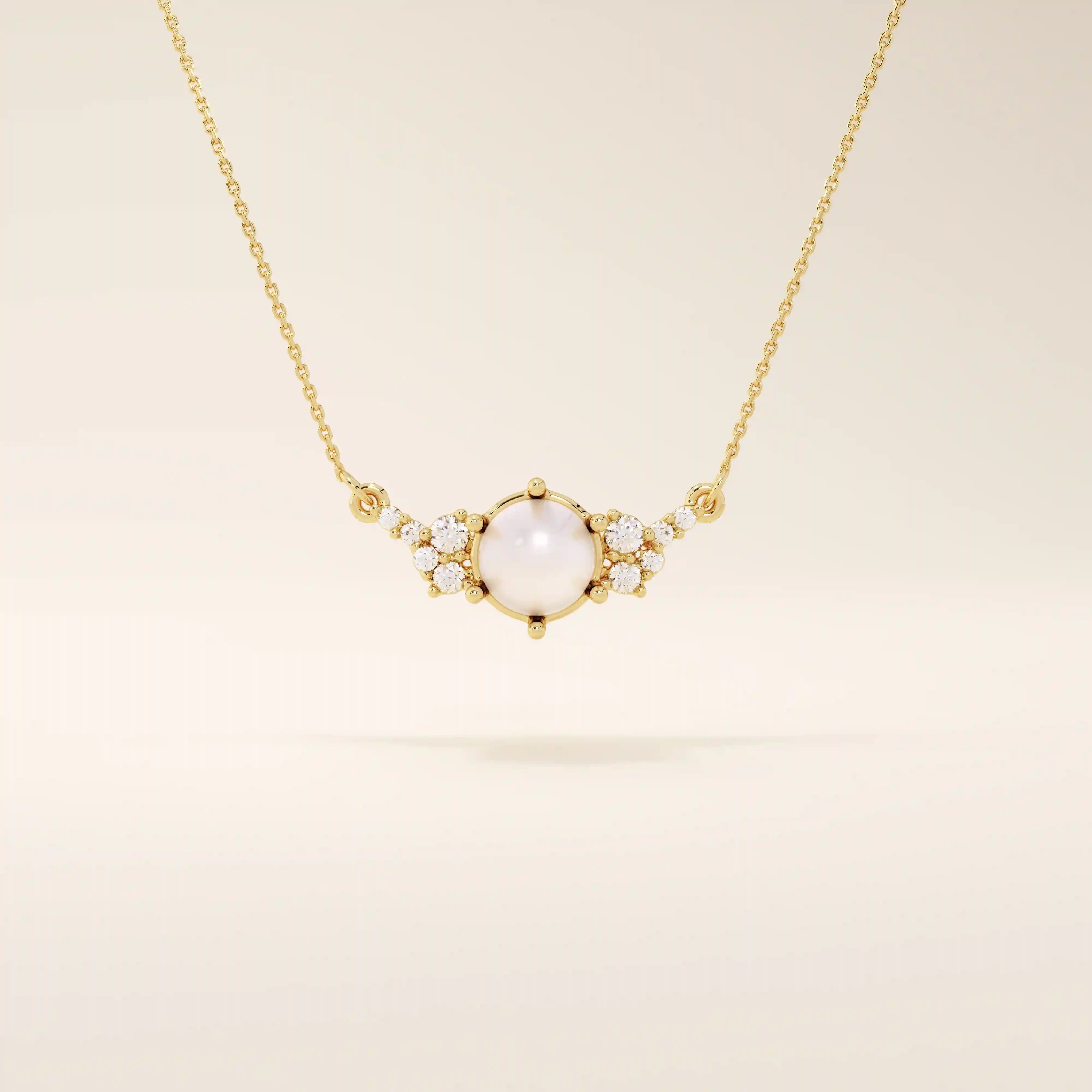 14k solid gold pearl necklace featuring moissanite clusters on both sides of the center pearl. Elegant and modern pearl jewelry. Perfect for minimalist daily wear.
