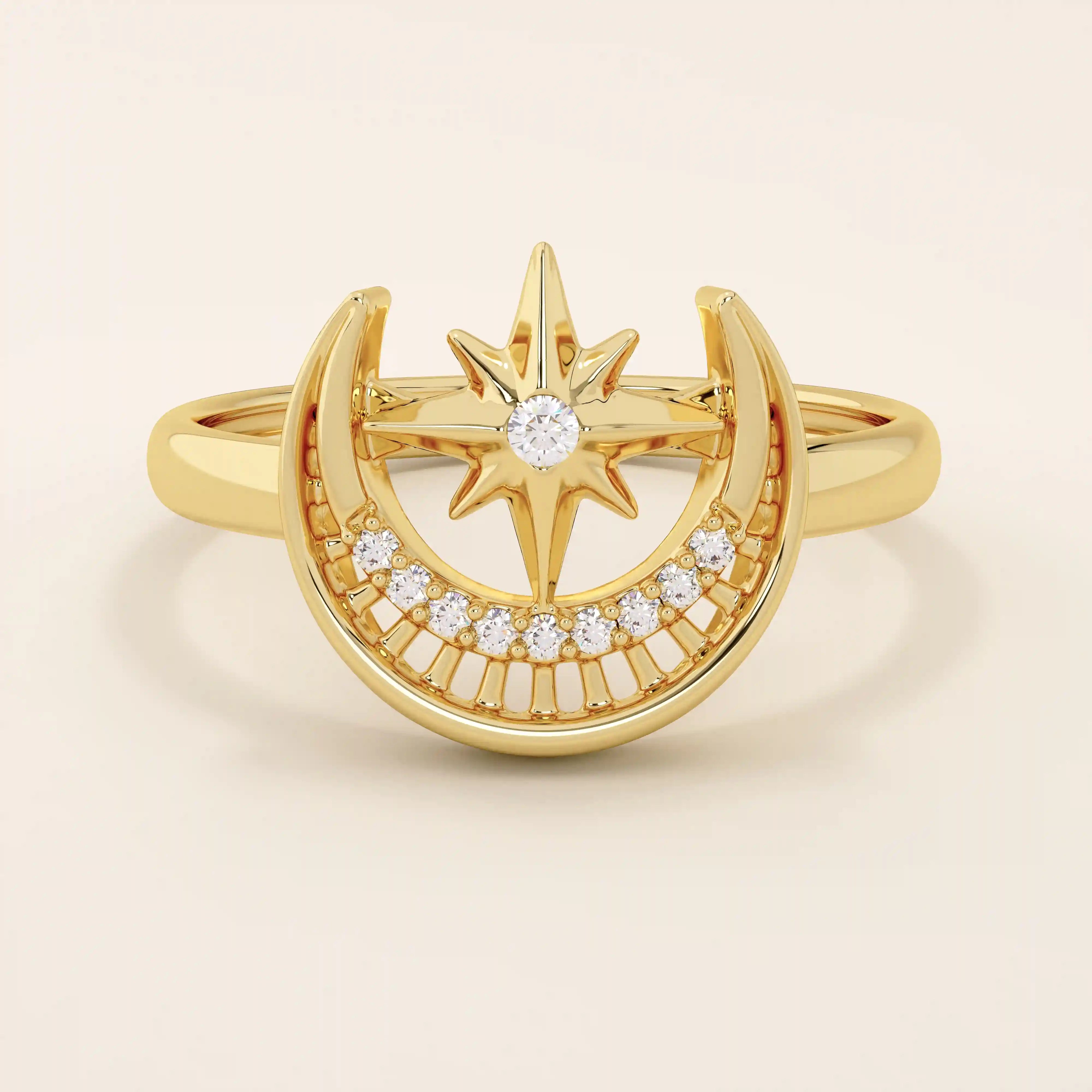 14k solid gold pinky signet ring featuring celestial moon and star motifs. A unique design blending elegance with cosmic symbolism.