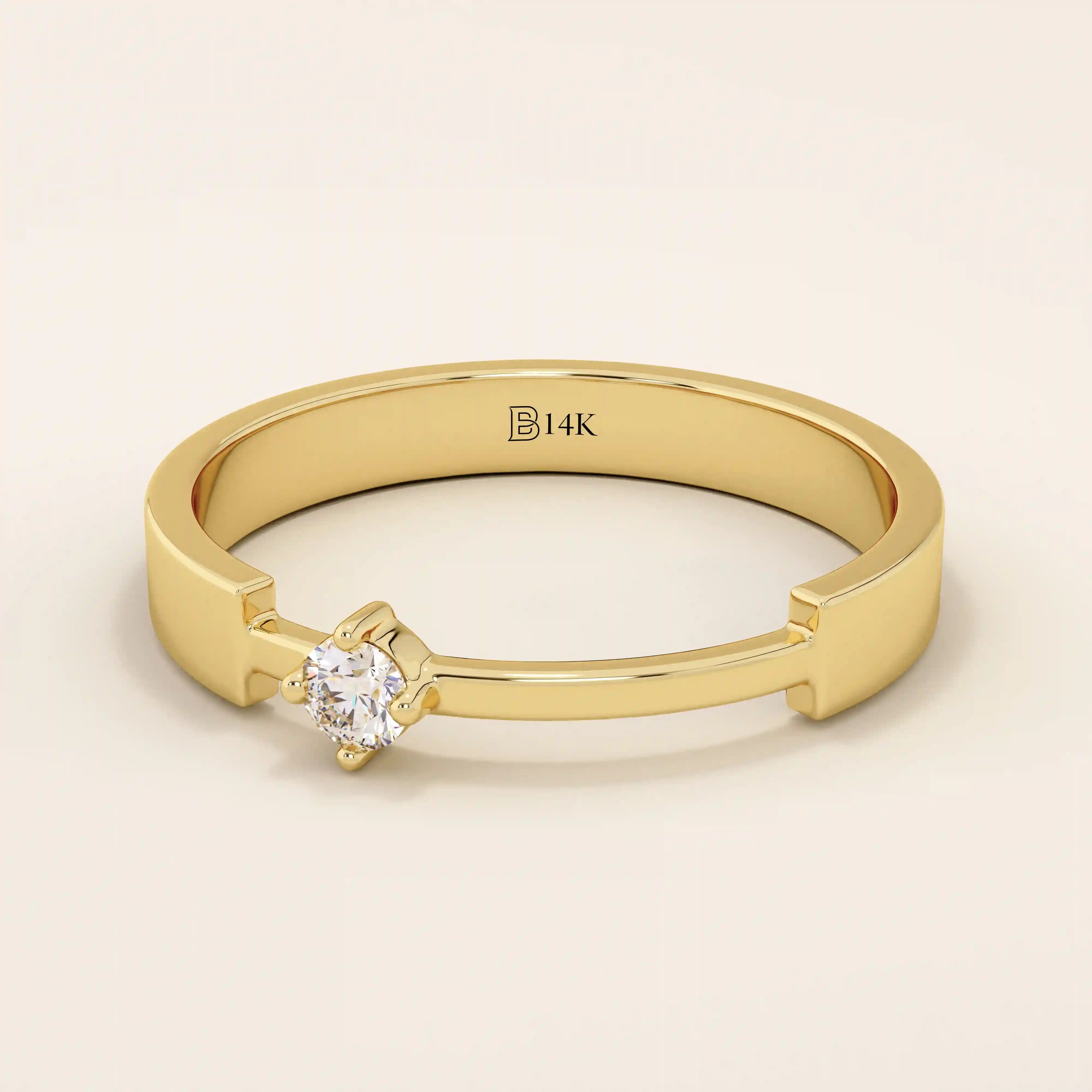 14k solid gold promise ring featuring a unique design with a single sparkling moissanite stone. Modern and elegant for everyday wear.