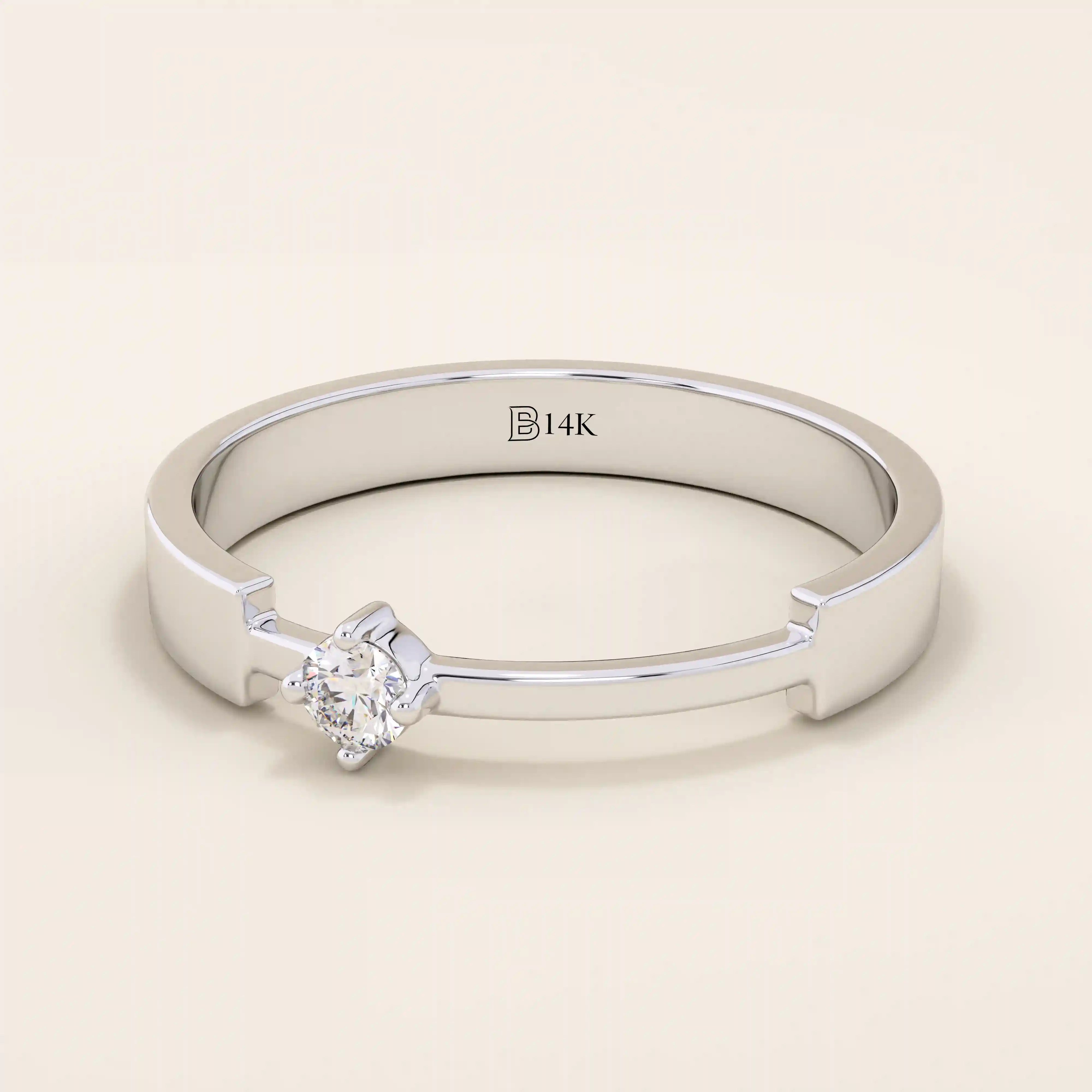 14k solid gold promise ring featuring a unique design with a single sparkling moissanite stone. Modern and elegant for everyday wear.