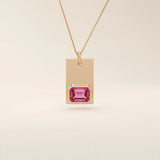 14k solid gold rectangle pendant with a bezel-set emerald-cut lab-grown ruby. A bold yet refined birthstone necklace with clean lines and rich red hue. Perfect for gifting or layering as meaningful fine jewelry.
