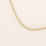 14k solid gold rolo chain necklace with round interlocking links and polished shine. A classic and sturdy gold chain. Great for everyday wear or stacking.