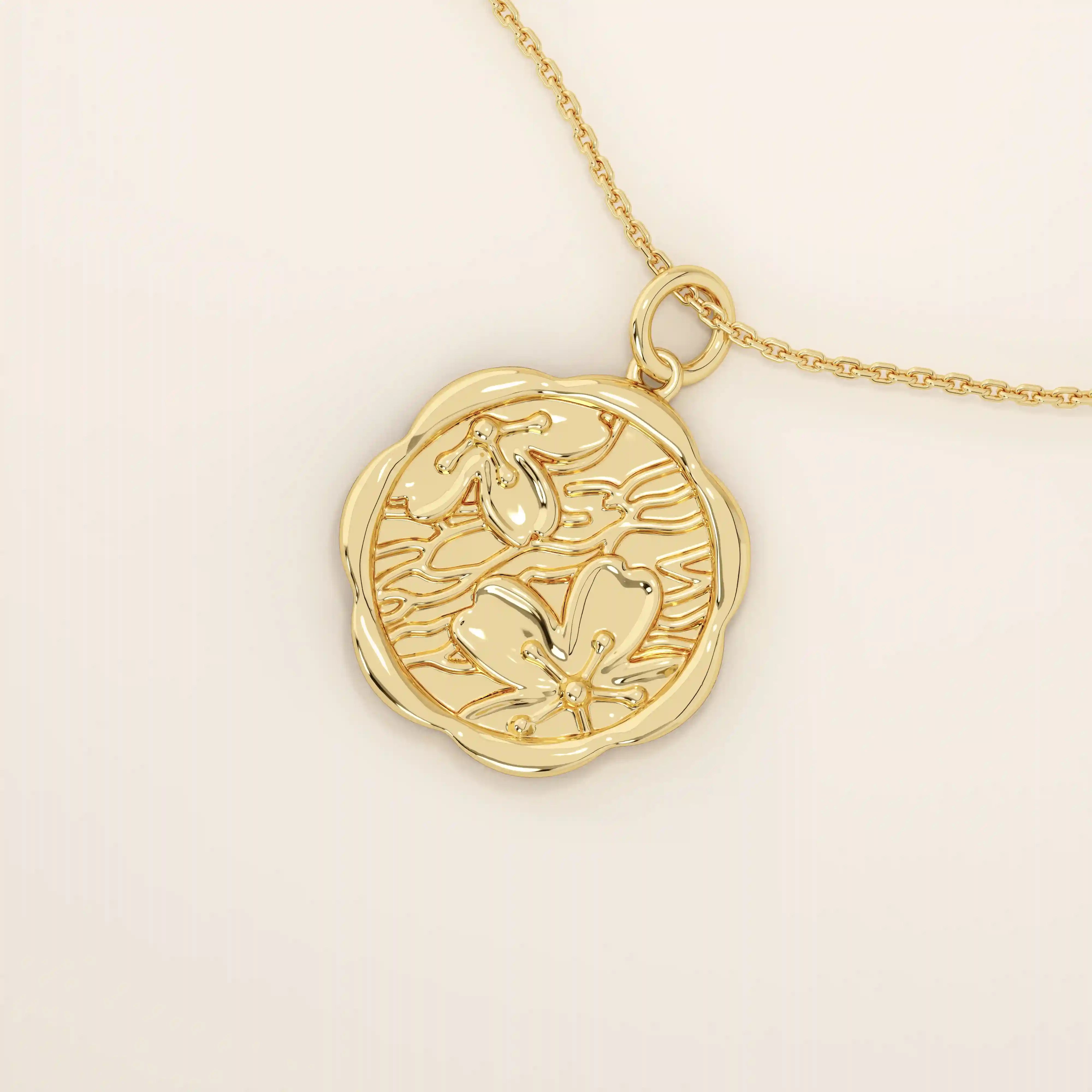 14k solid gold round pendant necklace with an embossed Sakura flower design. Delicate and nature-inspired gold jewelry. Ideal for daily minimalist style.