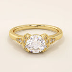 14k solid gold solitaire engagement ring featuring intricate Celtic knot detailing and subtle accent moissanites. Unique and timeless design for modern brides.
