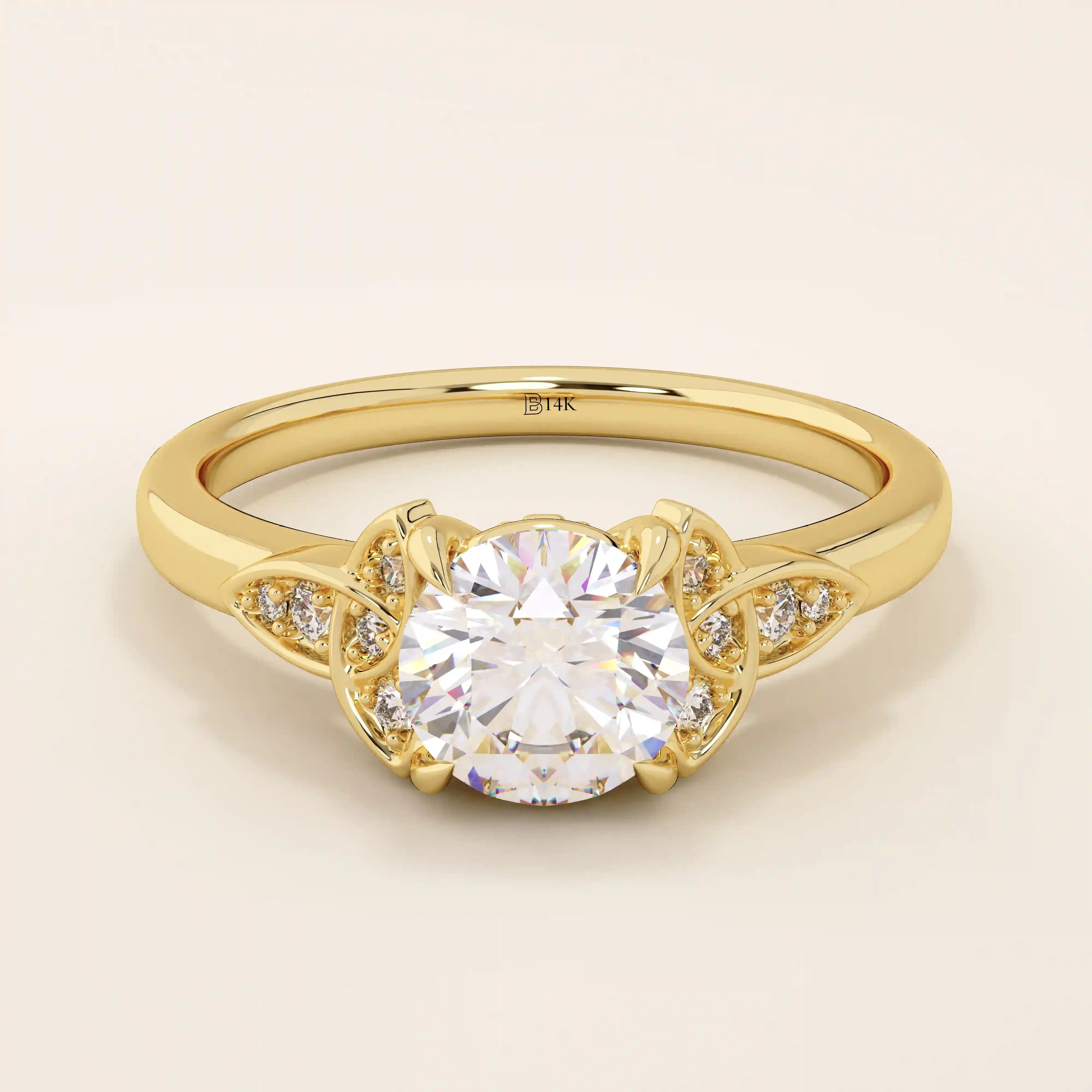 14k solid gold solitaire engagement ring featuring intricate Celtic knot detailing and subtle accent moissanites. Unique and timeless design for modern brides.